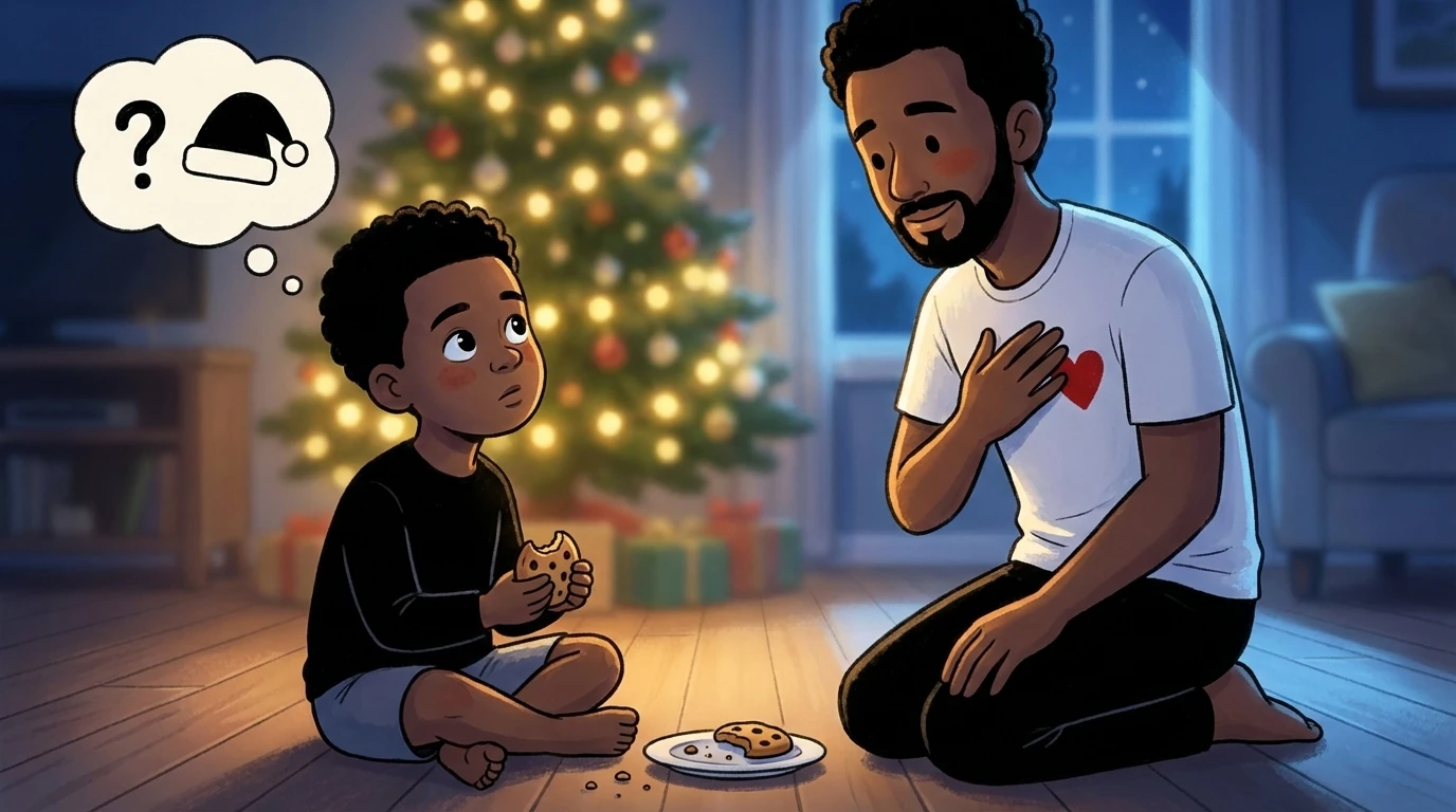 Child holding a cookie looks up at father by a Christmas tree with a thought bubble questioning if Santa is real.