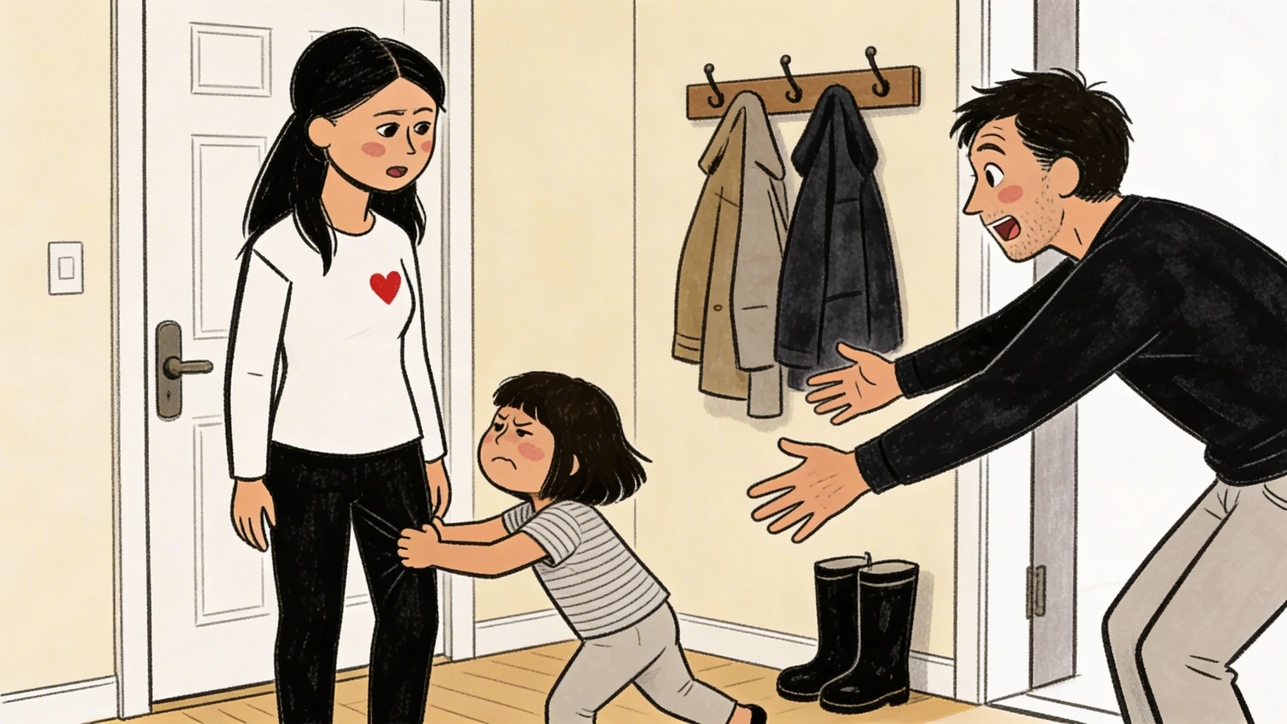 Child clings to parent near door while adult reaches toward them, a scene teaching the no-secrets rule.