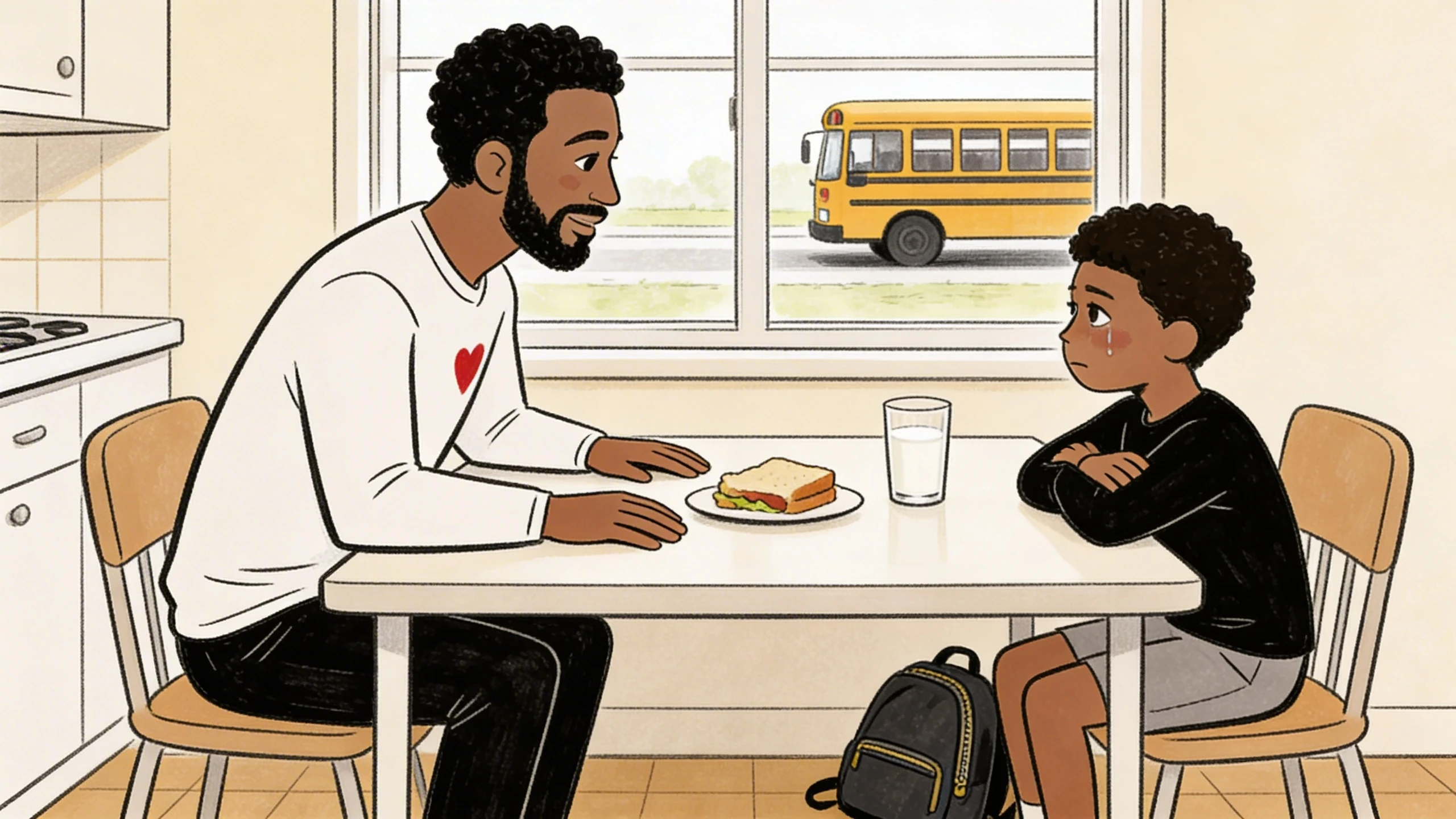 Parent and child sit at a kitchen table in conversation; a school bus is visible through the window.