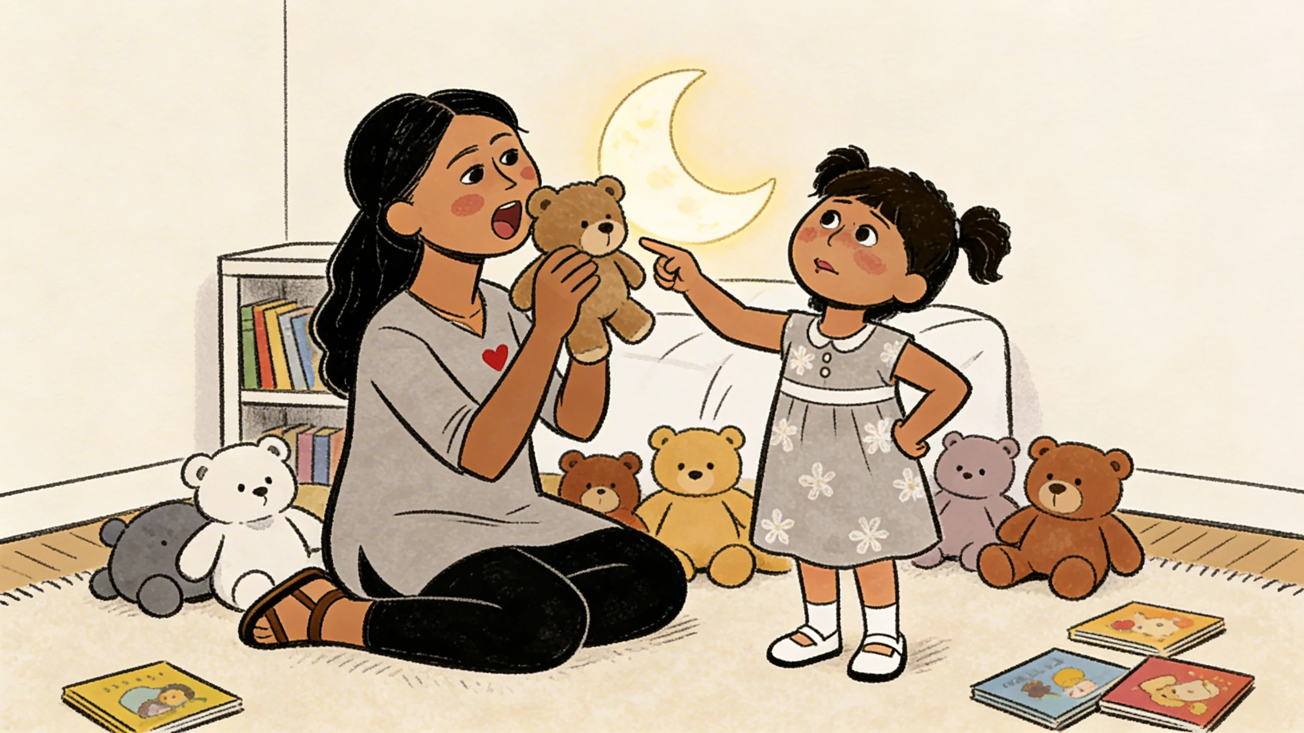 Parent sits on a bedroom floor with a child and teddy bears - using play as a strategy to teach body safety.