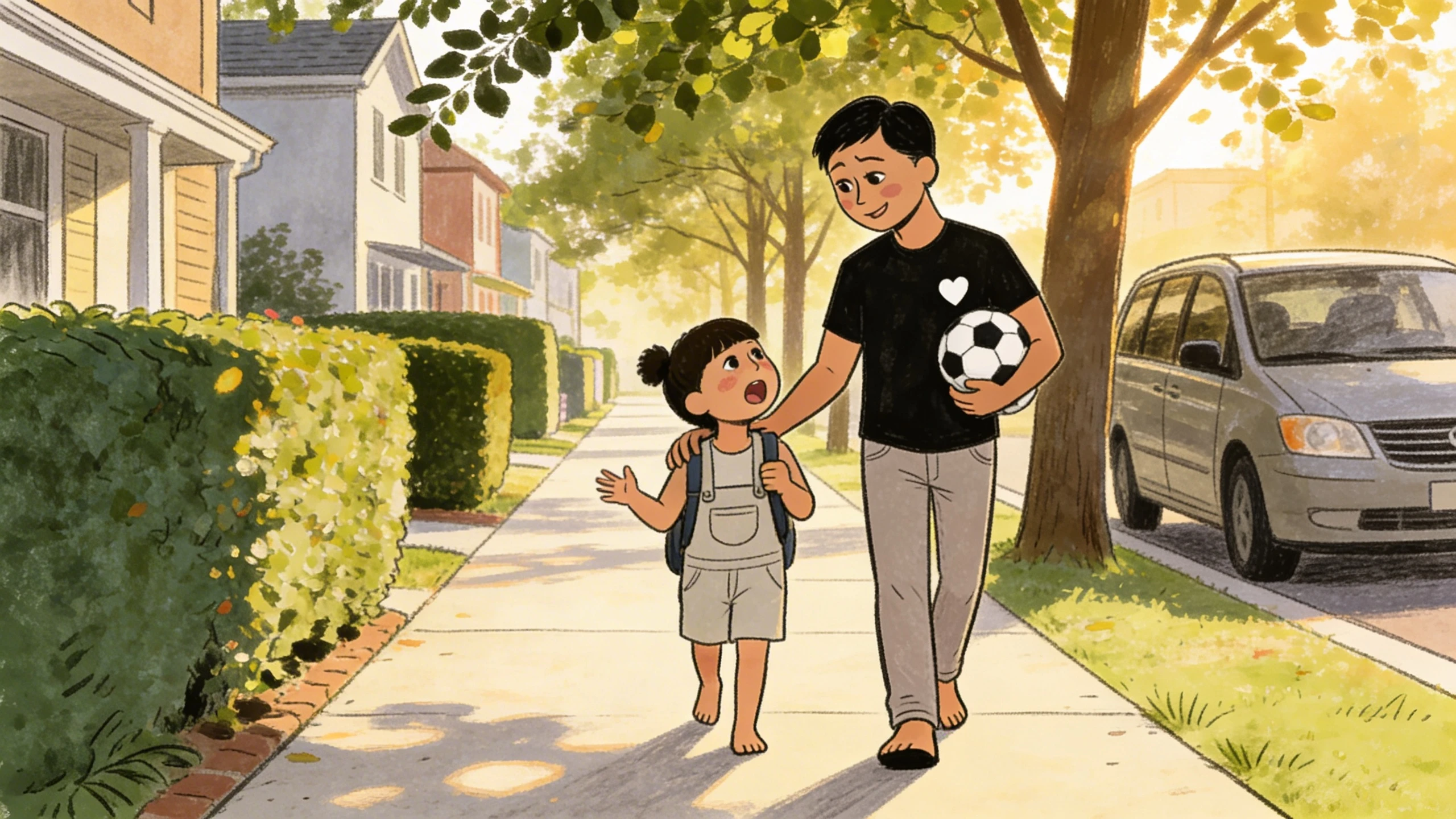 Adult and child walk together on a sunny sidewalk - open conversation helps prevent unsafe secrets from forming.