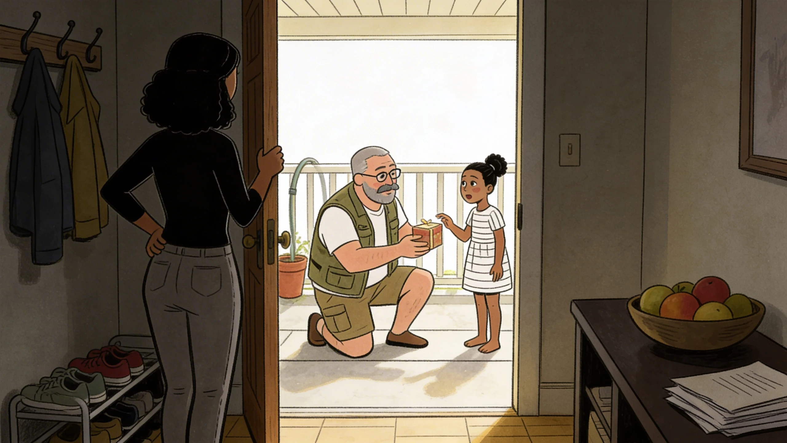 Adult knneeling at a doorway offering a gift to a young child while a parent watches - helping keep kids safe.