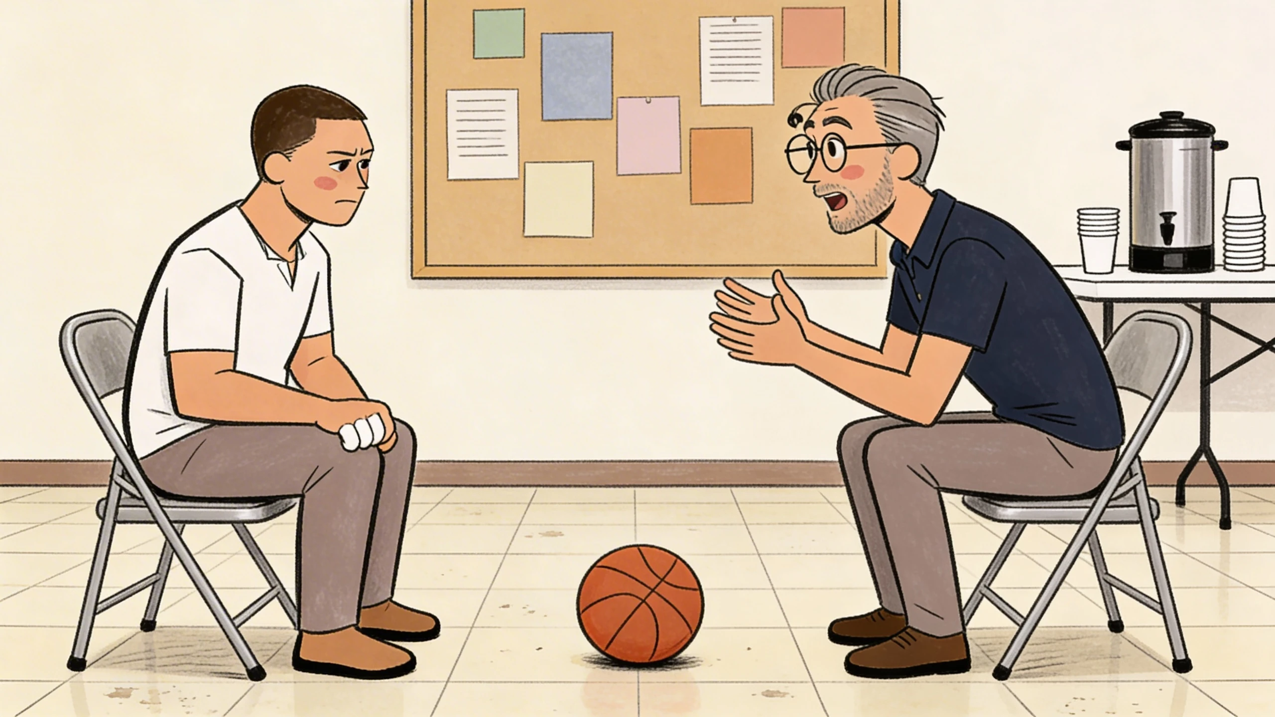 Older man speaking to a teenage boy across from him in a community room with a basketball between their chairs.