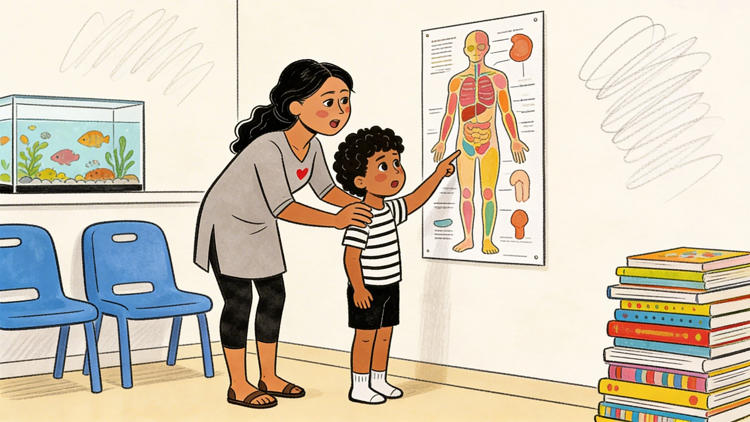 A mother and young child point together at a body anatomy poster on a wall next to a stack of colorful books.