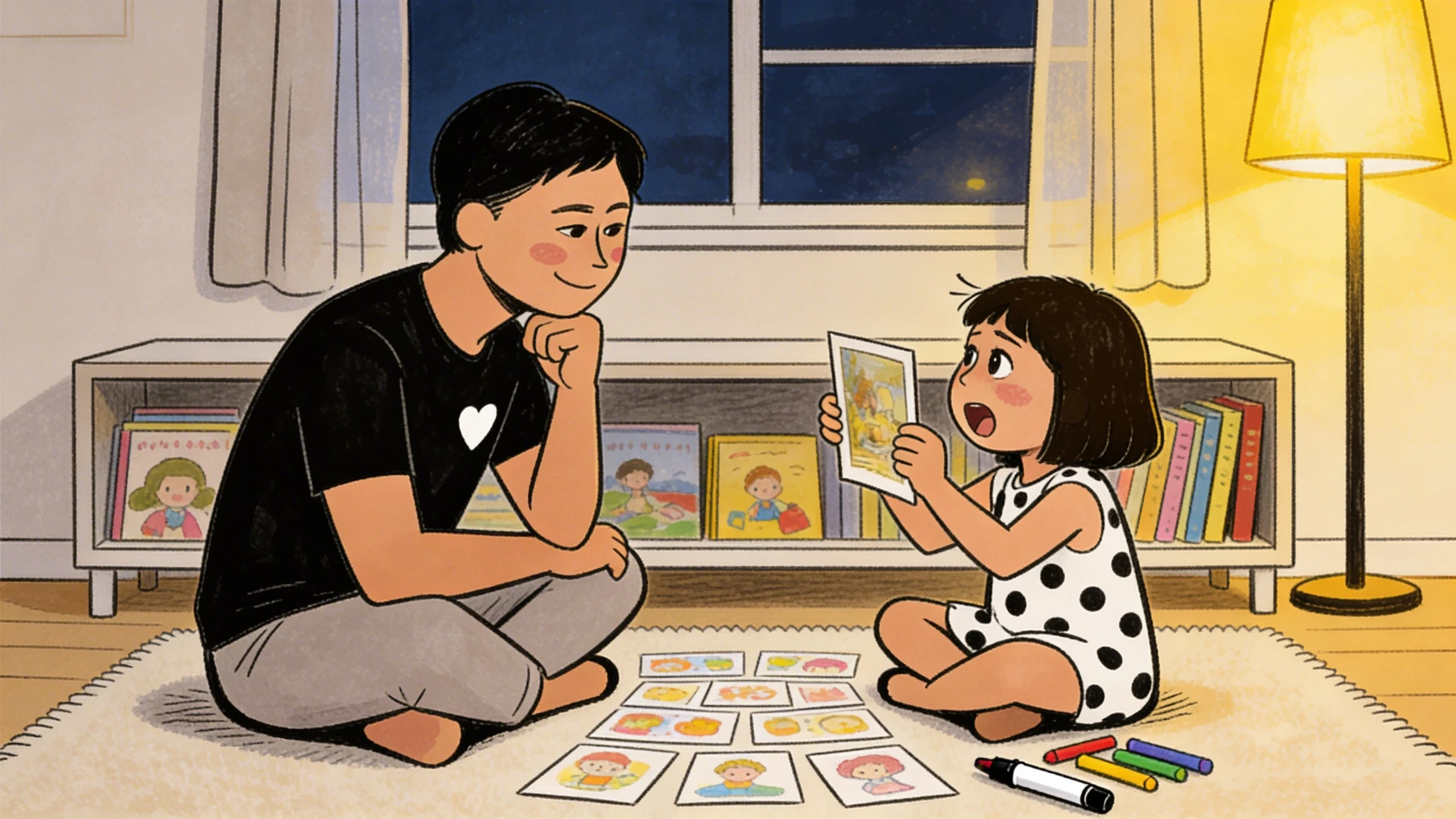 Parent and toddler sit on a rug at night reviewing picture cards spread on the floor, crayons nearby.