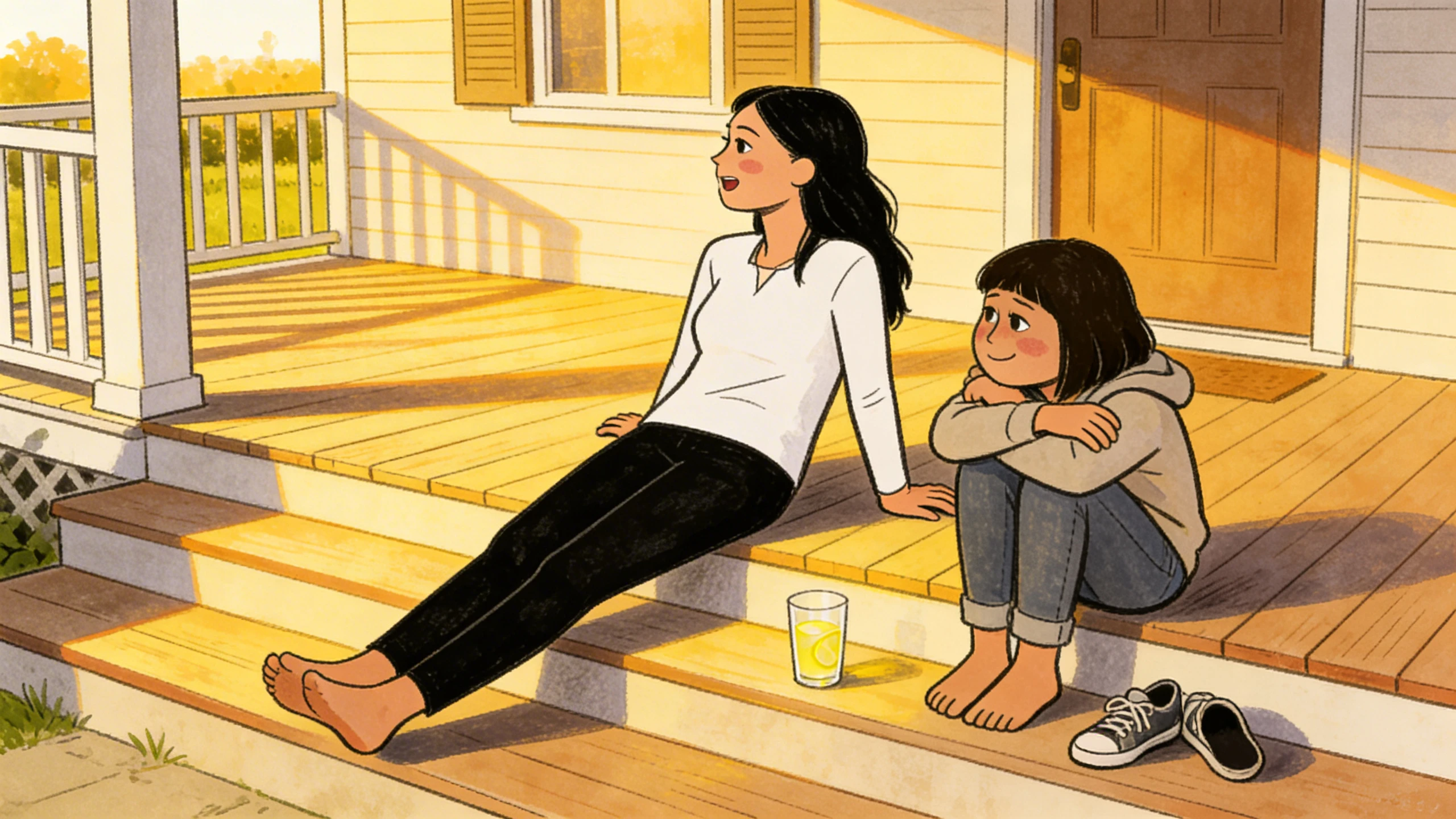 Parent and daughter sitting on porch steps having a quiet conversation in warm afternoon light.
