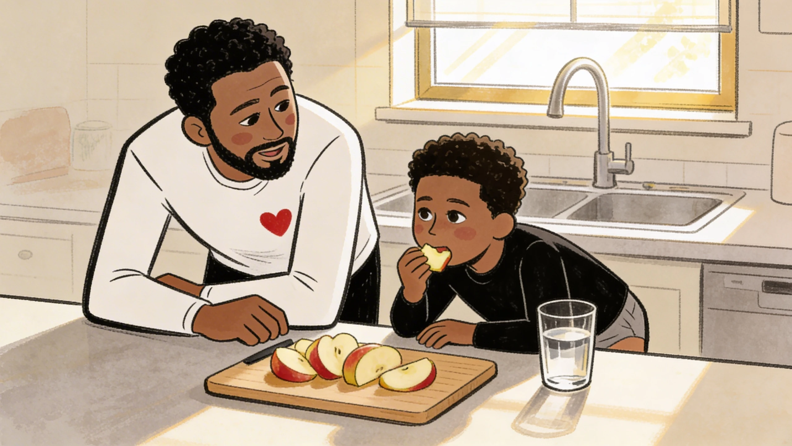 Father and young boy at kitchen counter sharing sliced apples in a calm moment for a puberty talk.