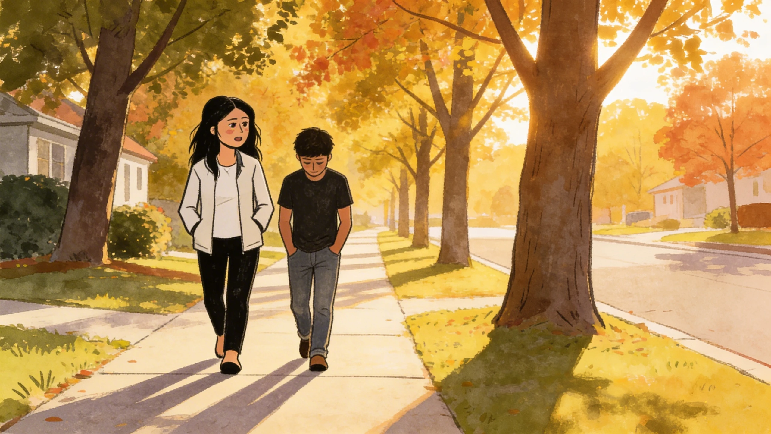 Parent and preteen boy walking side by side on a tree-lined sidewalk in autumn light.