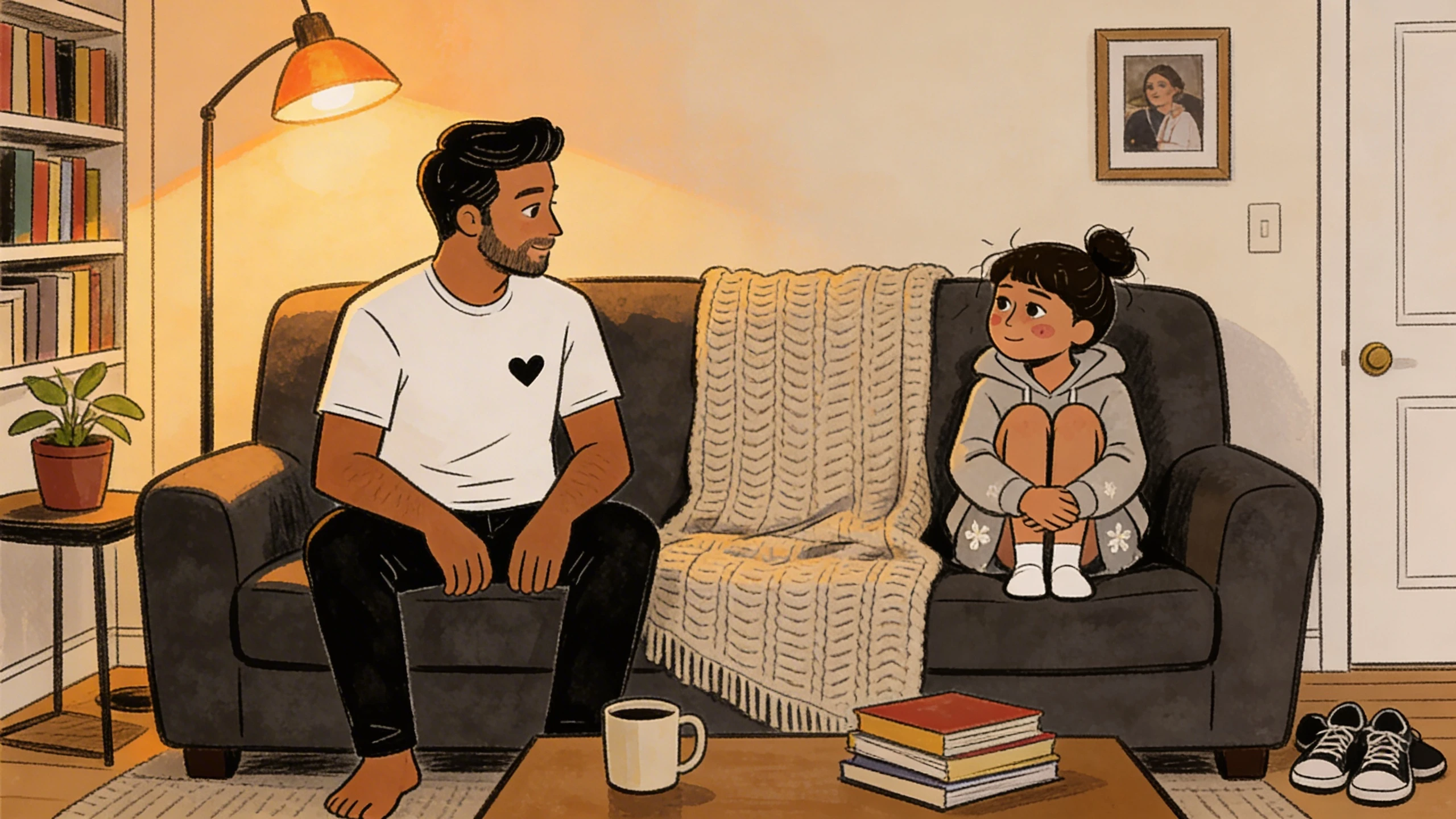 Father seated across from his daughter on a sofa in a cozy living room, books stacked on the coffee table.