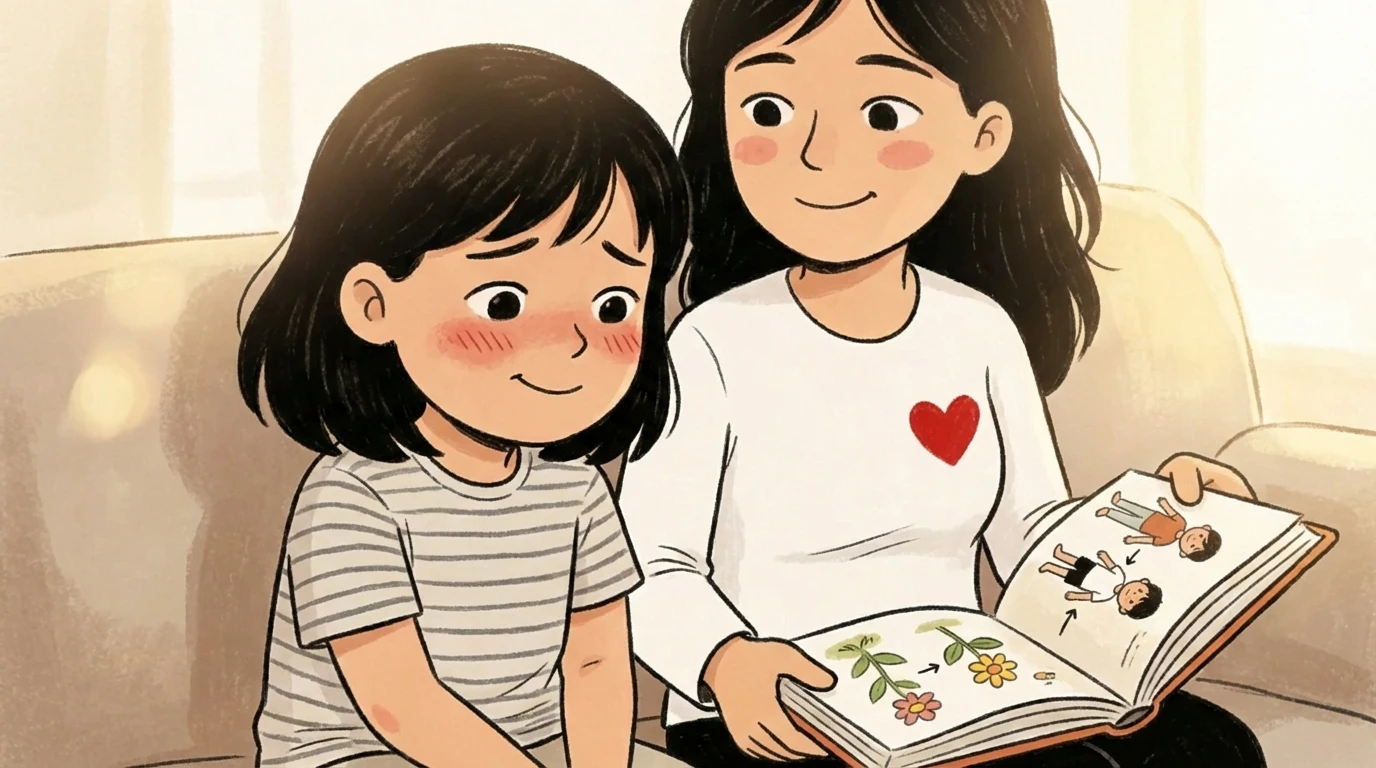 Mother and girl sitting on a couch looking at an illustrated puberty book together.