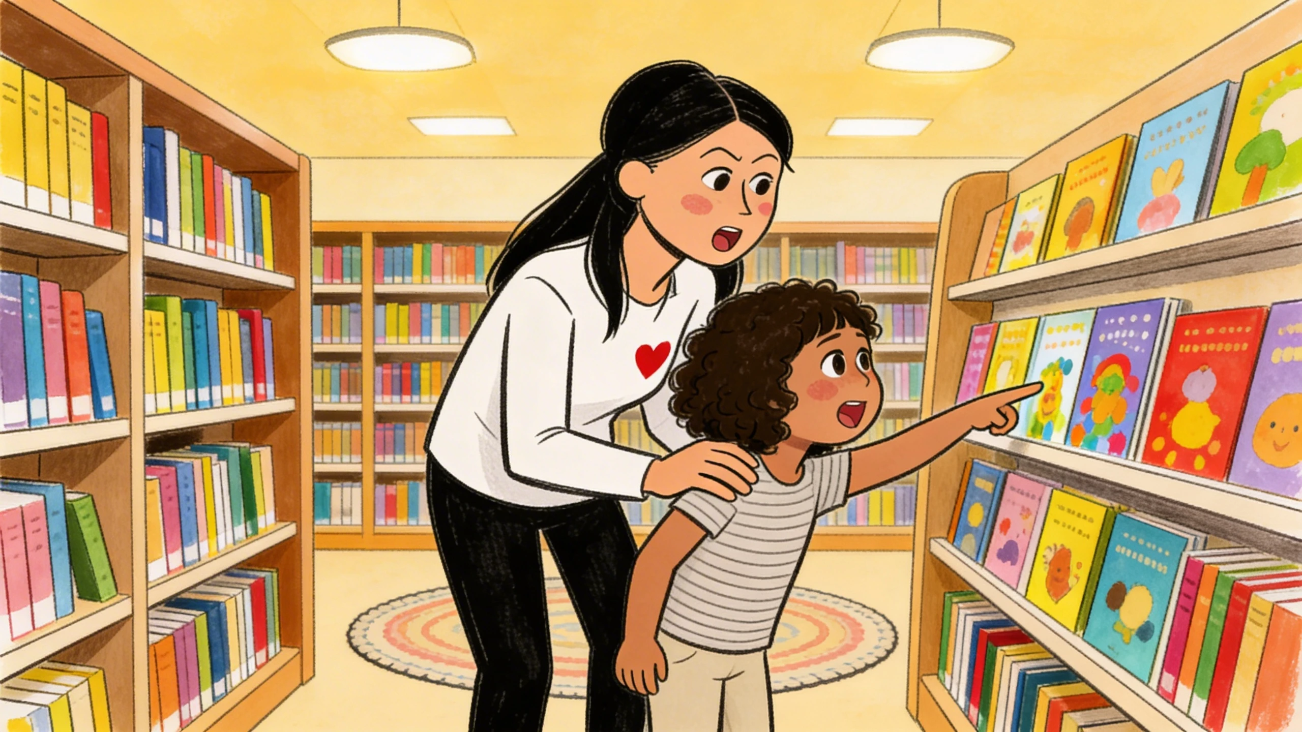 Mother and child in a bookstore talking as the child points to a colorful shelf of picture books