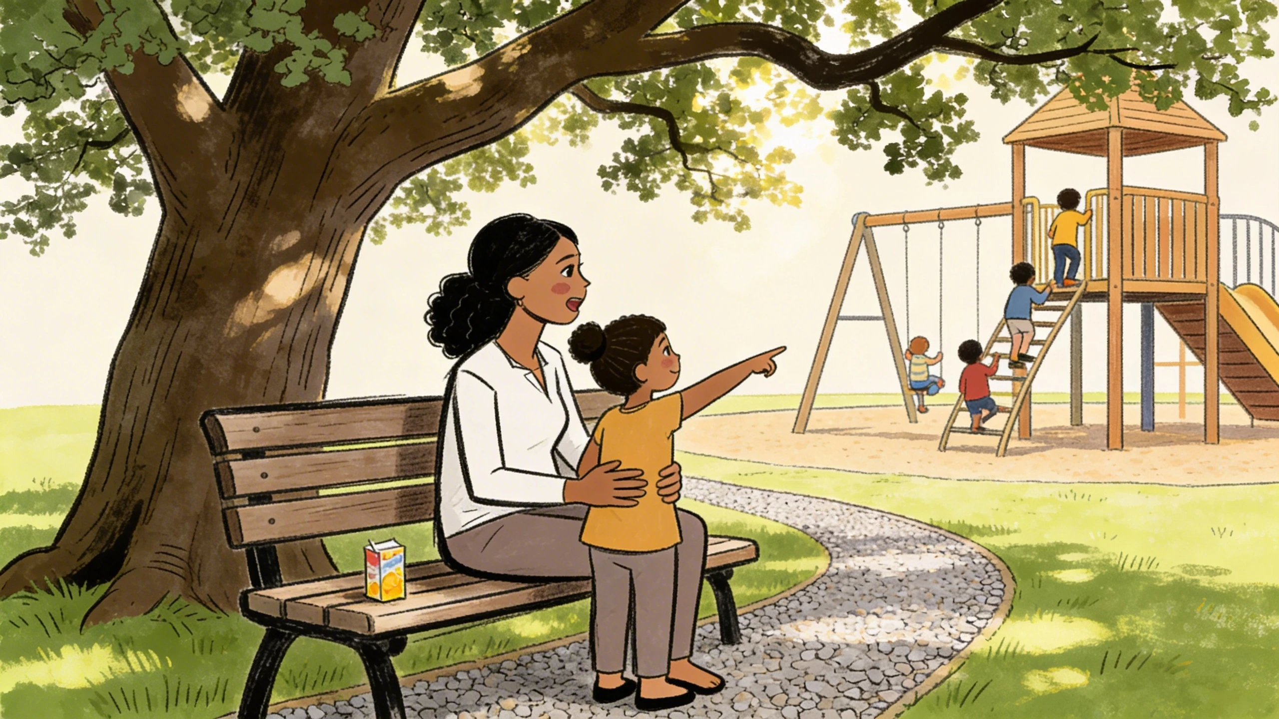 Mother on a park bench holding a toddler pointing toward children on a playground swing set