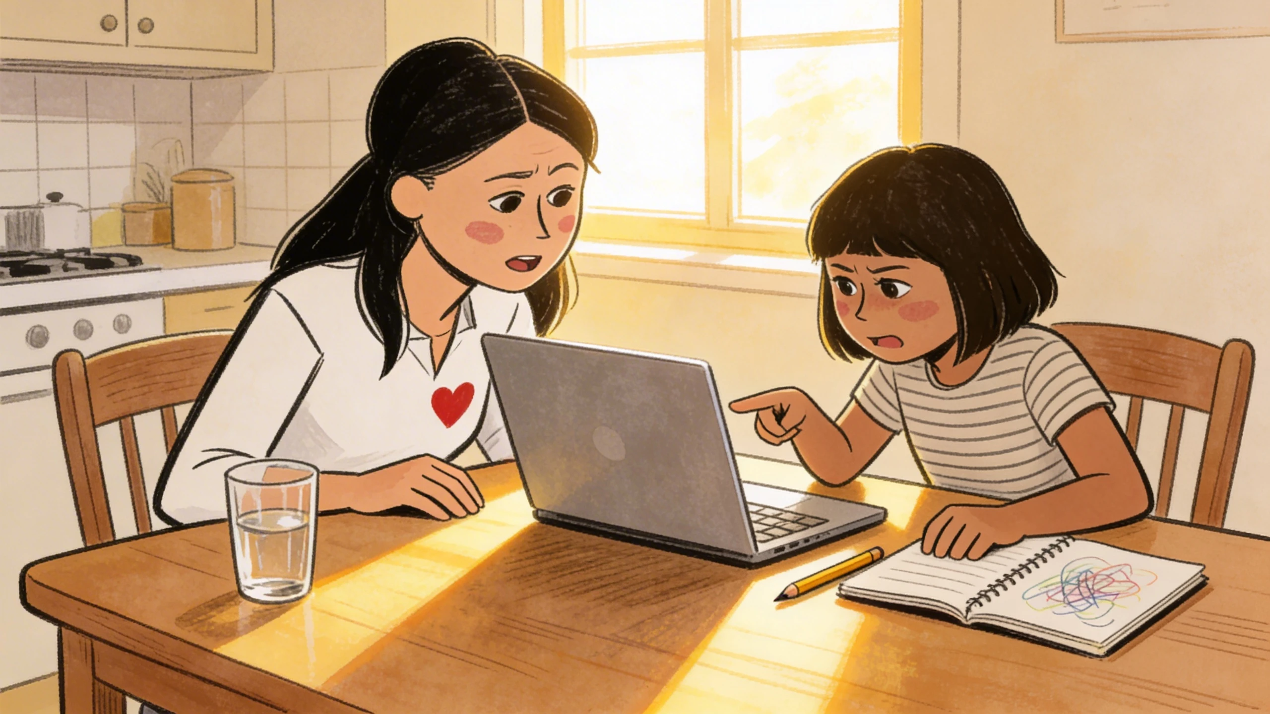Parent and daughter at a kitchen table discussing diversity while looking at a laptop together