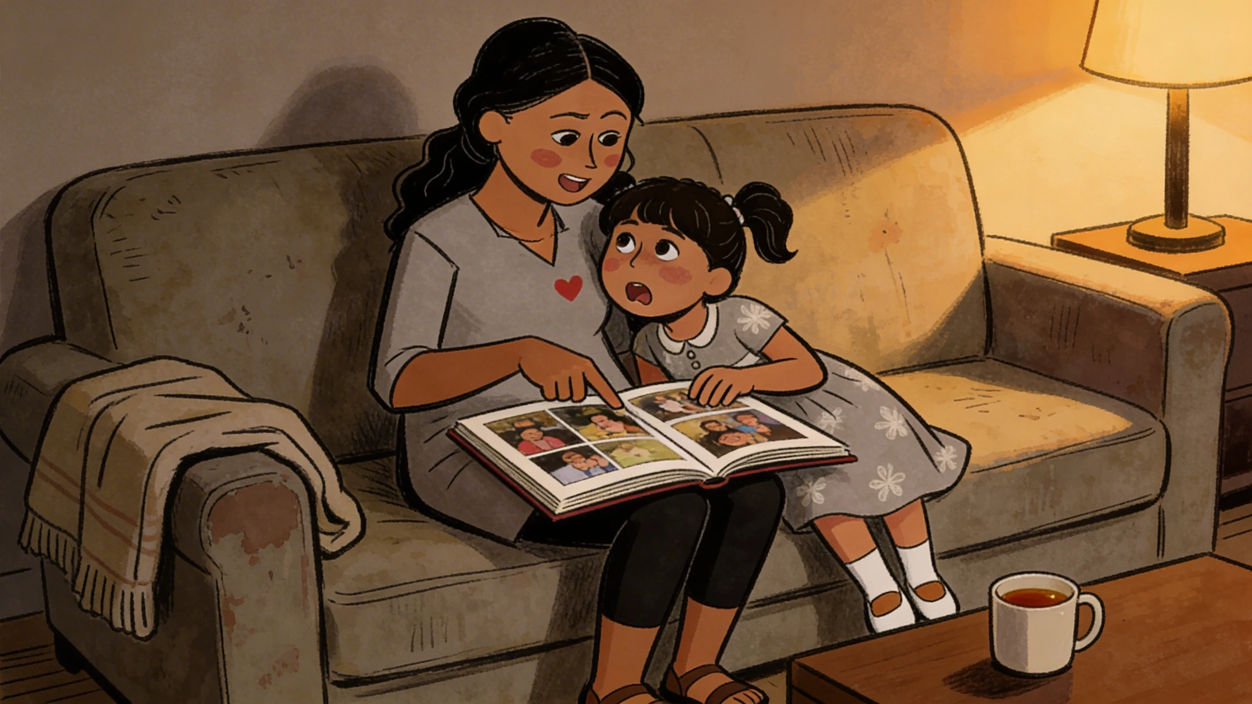 Mother and young daughter on a couch reading a photo book about race and justice by lamplight