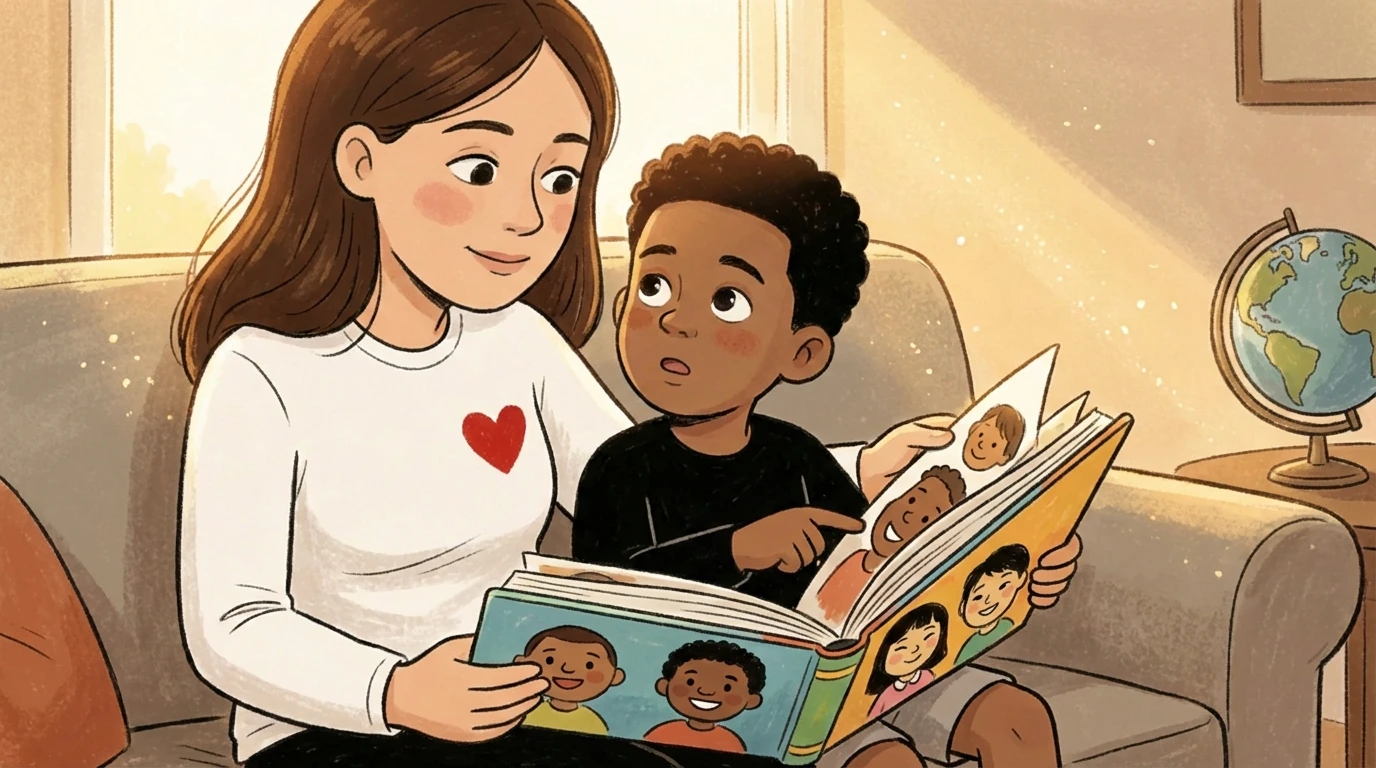 Parent and child sitting together reading a picture book about diversity near a globe.