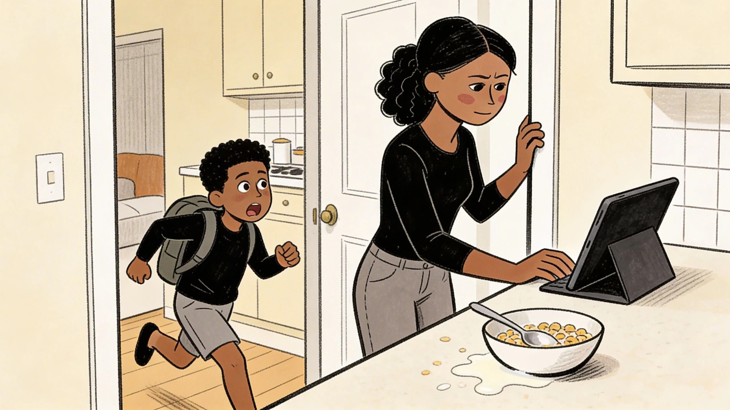 Child with backpack running into kitchen where parent reads news on tablet next to cereal bowl