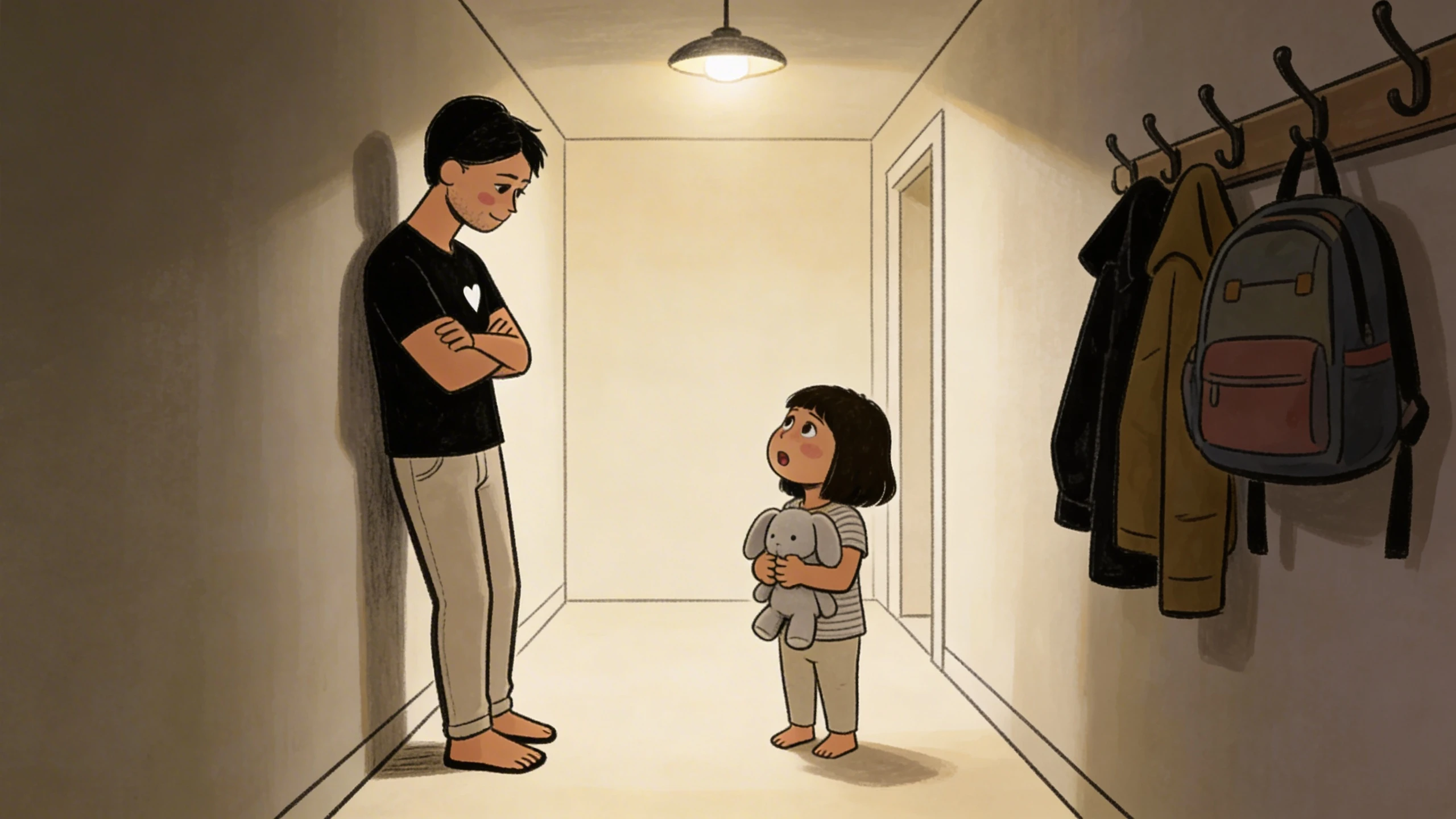 Father with arms crossed looking down at toddler holding stuffed bunny in dimly lit hallway