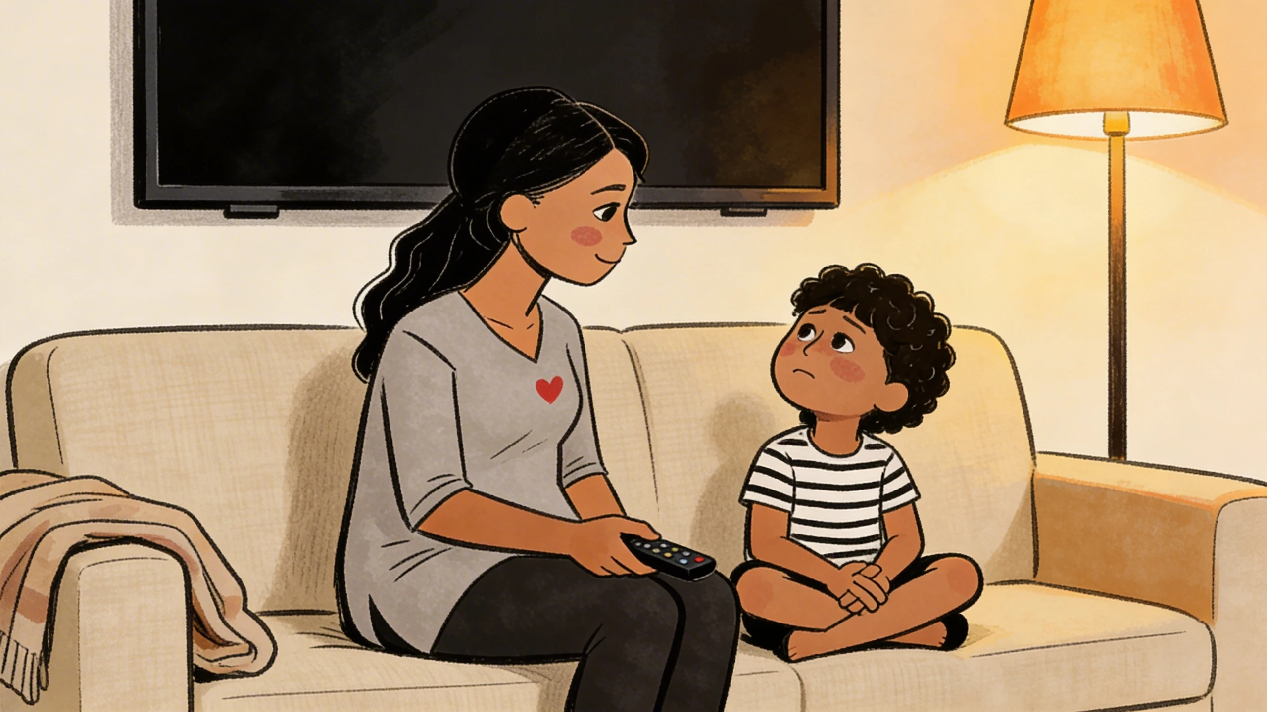 Mother holding TV remote sits on couch talking to preschooler about scary world events