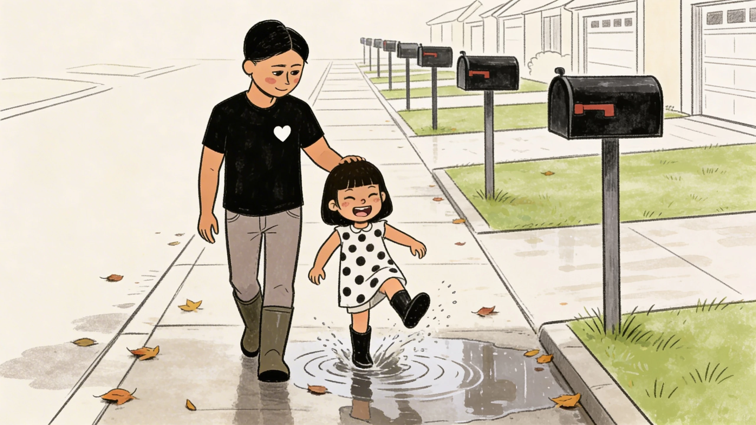 Parent walking with hand on child's shoulder as child splashes in puddle on neighborhood sidewalk