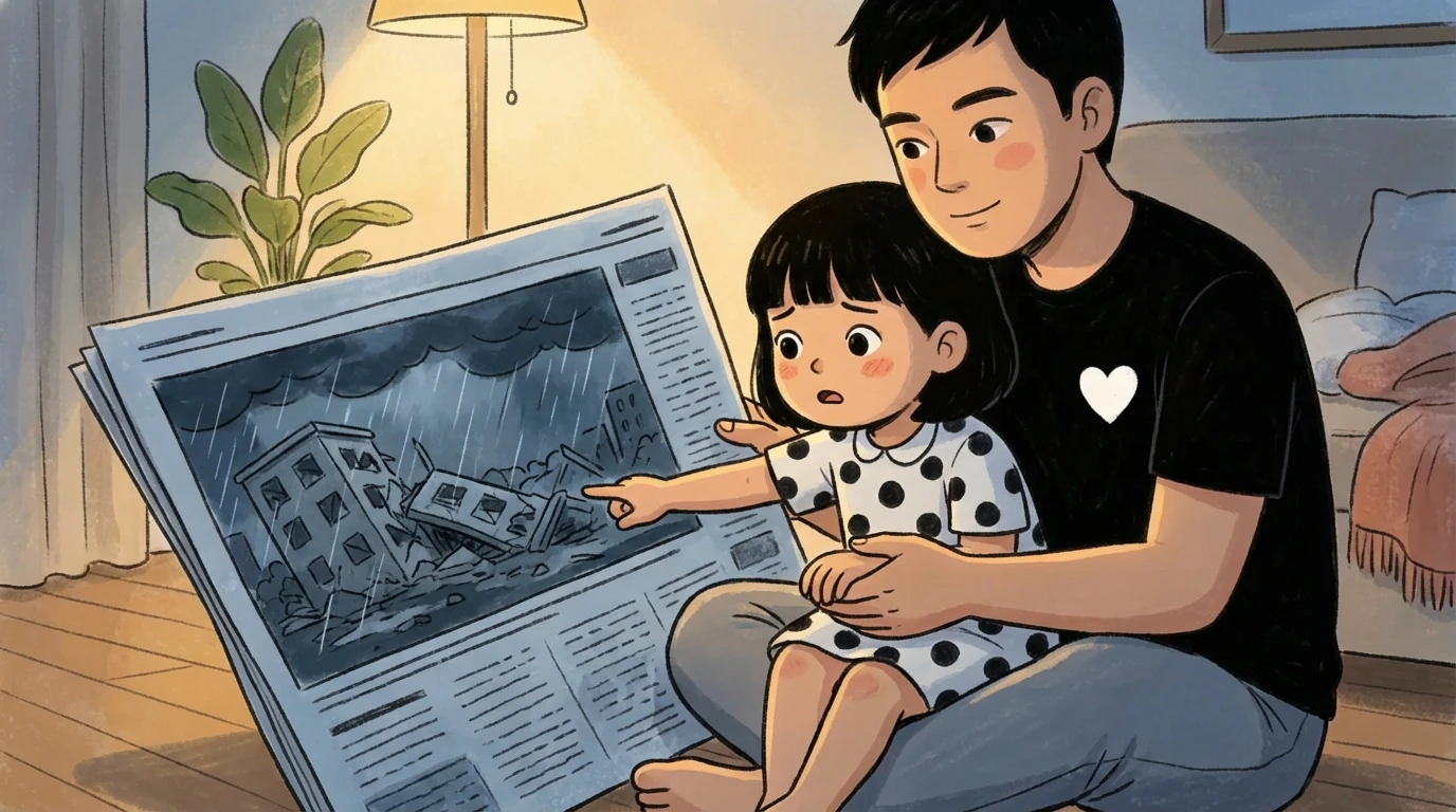 Parent and child sitting together looking at a newspaper showing scary world events.