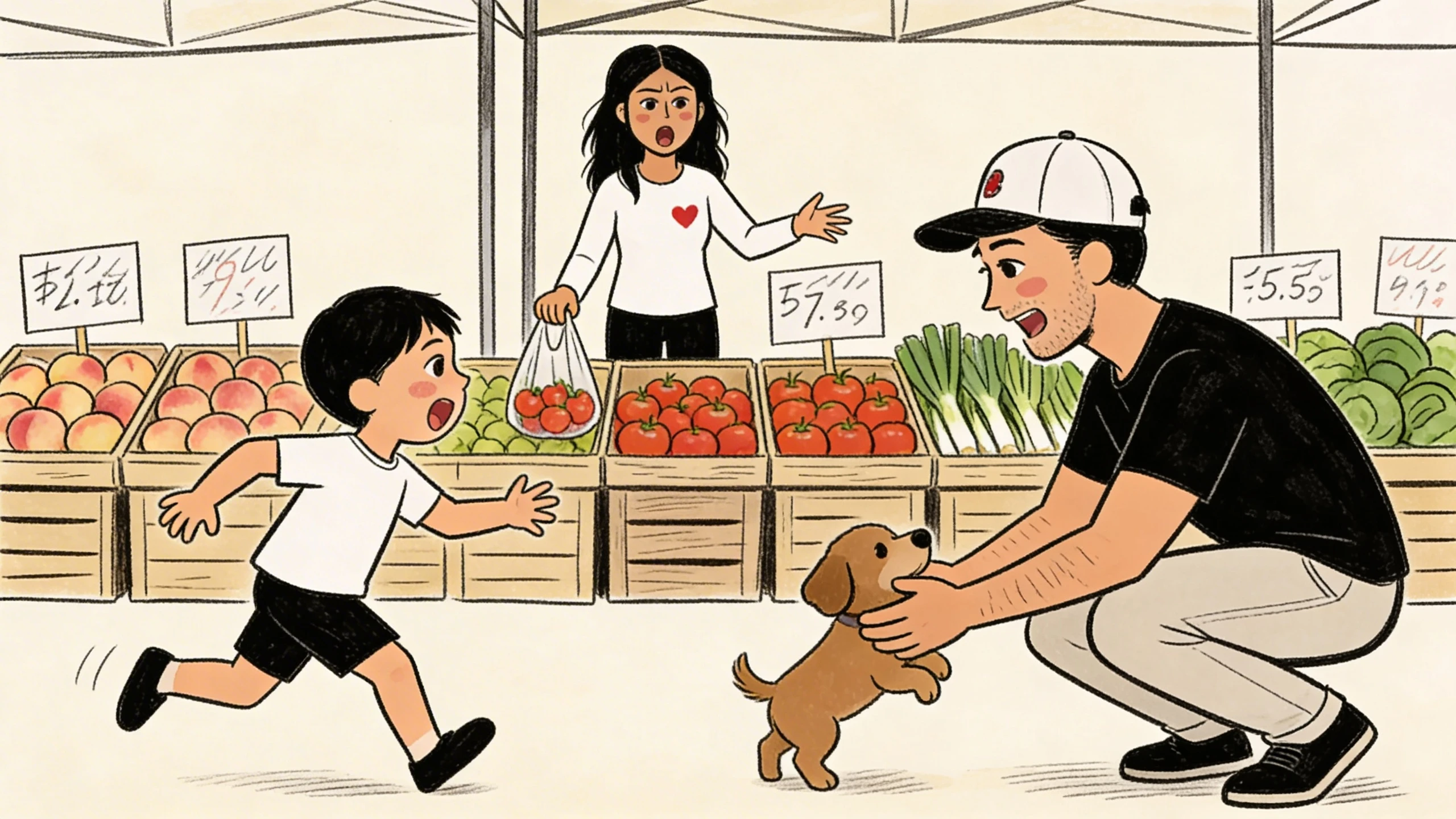 Child running toward a stranger with a puppy at a market stall, parent gesturing behind produce displays