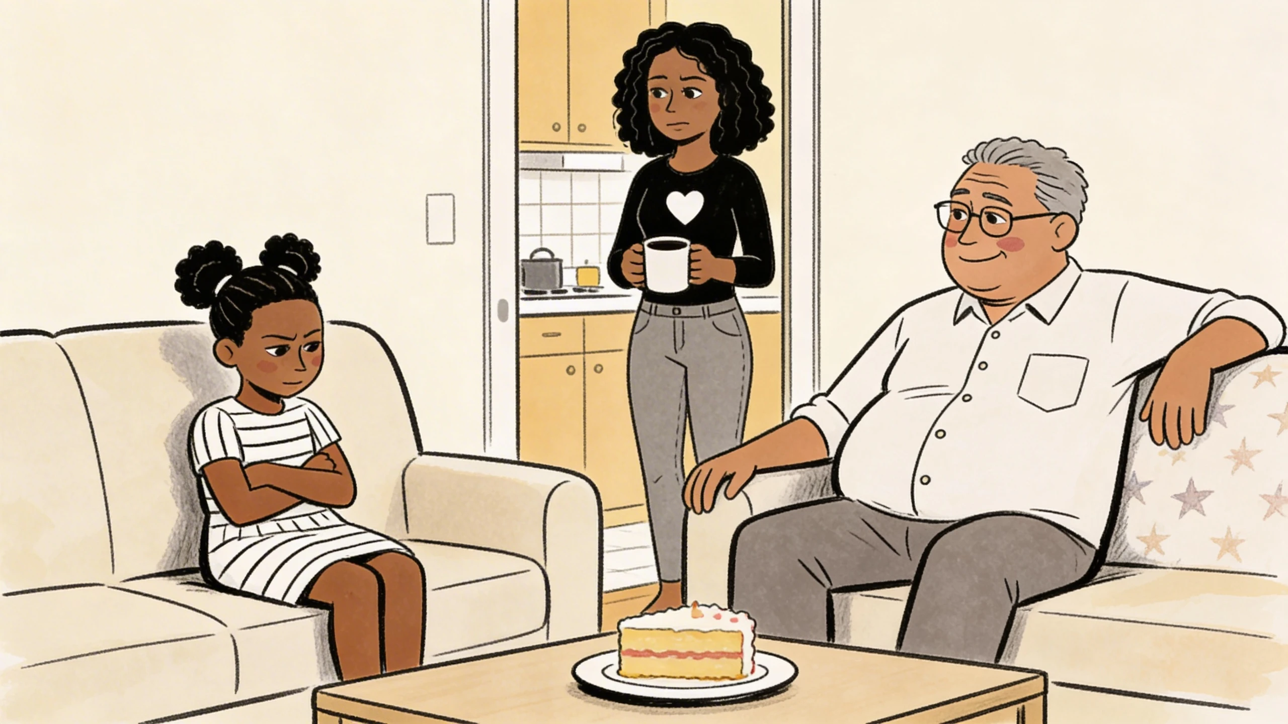 child with arms crossed on a sofa while an adult visitor smiles nearby and a parent watches from the doorway.
