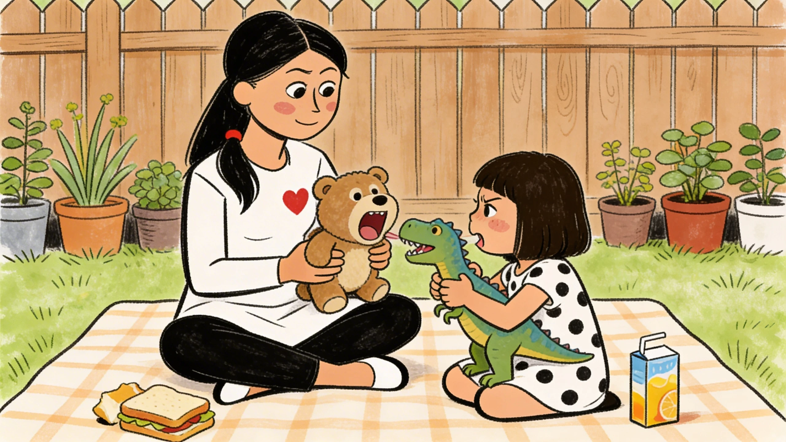 Mother and daughter on a backyard blanket role-playing with a teddy bear and toy dinosaur to teach body rules.