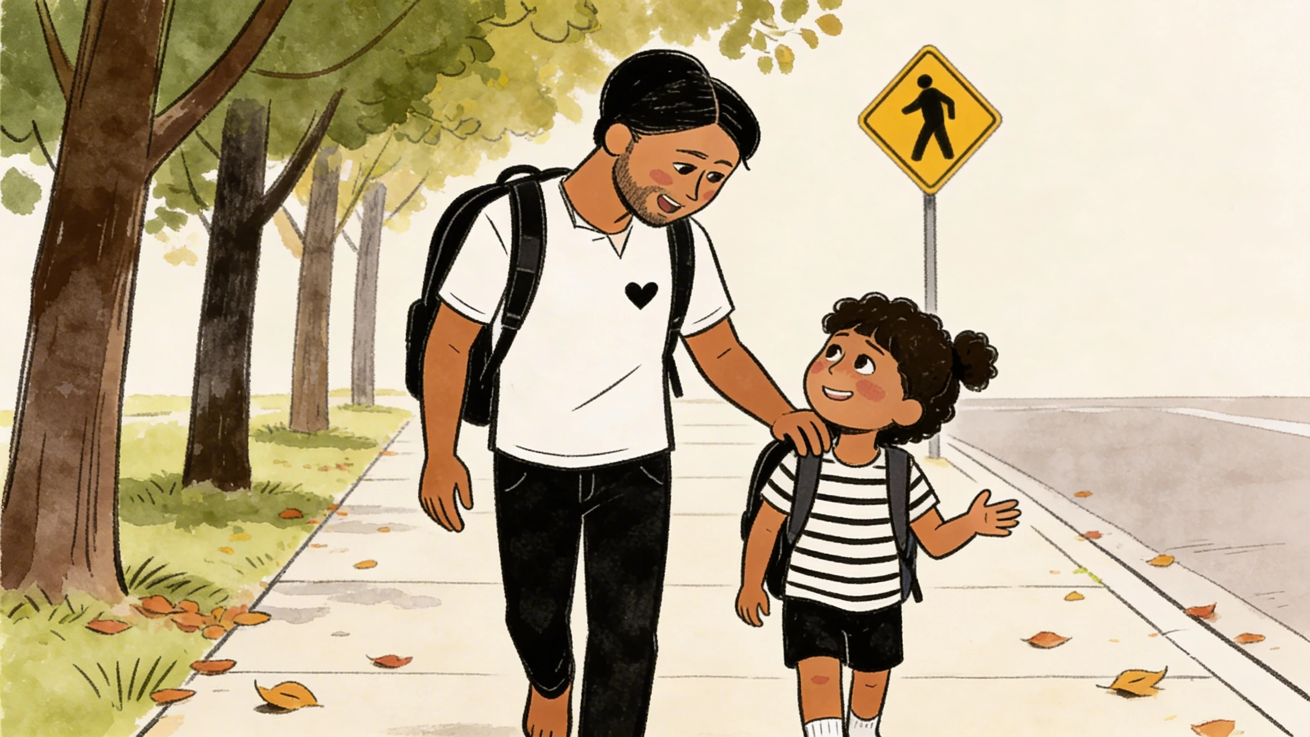 Parent and child walking on a sidewalk near a pedestrian crossing sign, adult hand resting on the child's shoulder.