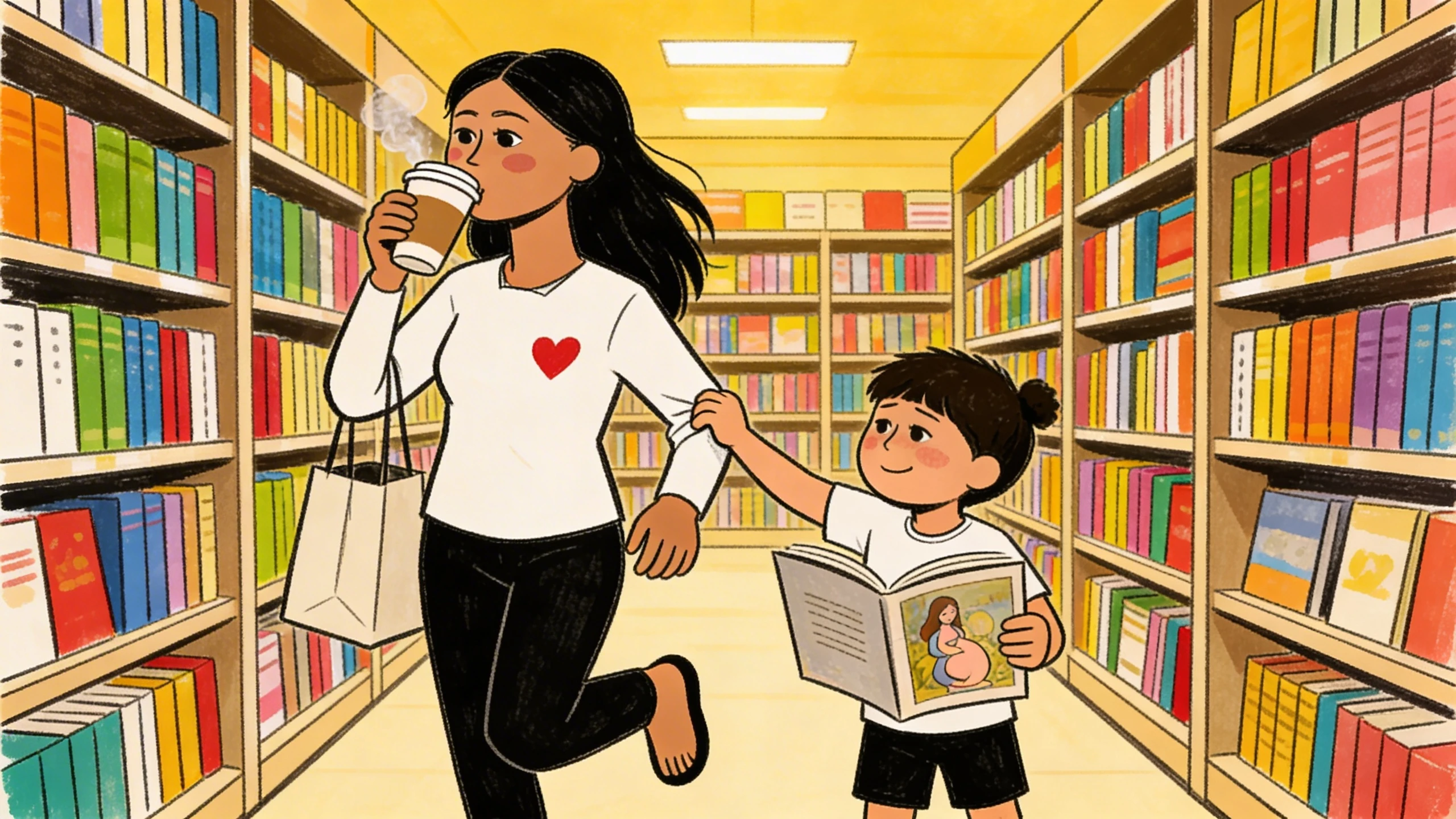 Adult and child walking through a colorful bookstore; child holds an open picture book while talking
