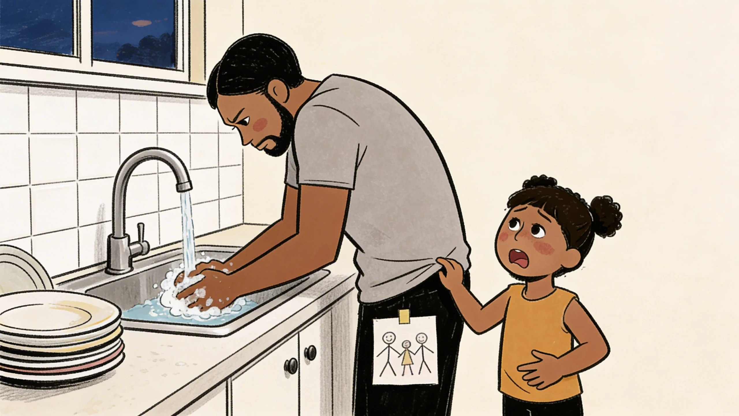Young child tugging a parent's sleeve at the kitchen sink, stick-figure family drawing in their pocket