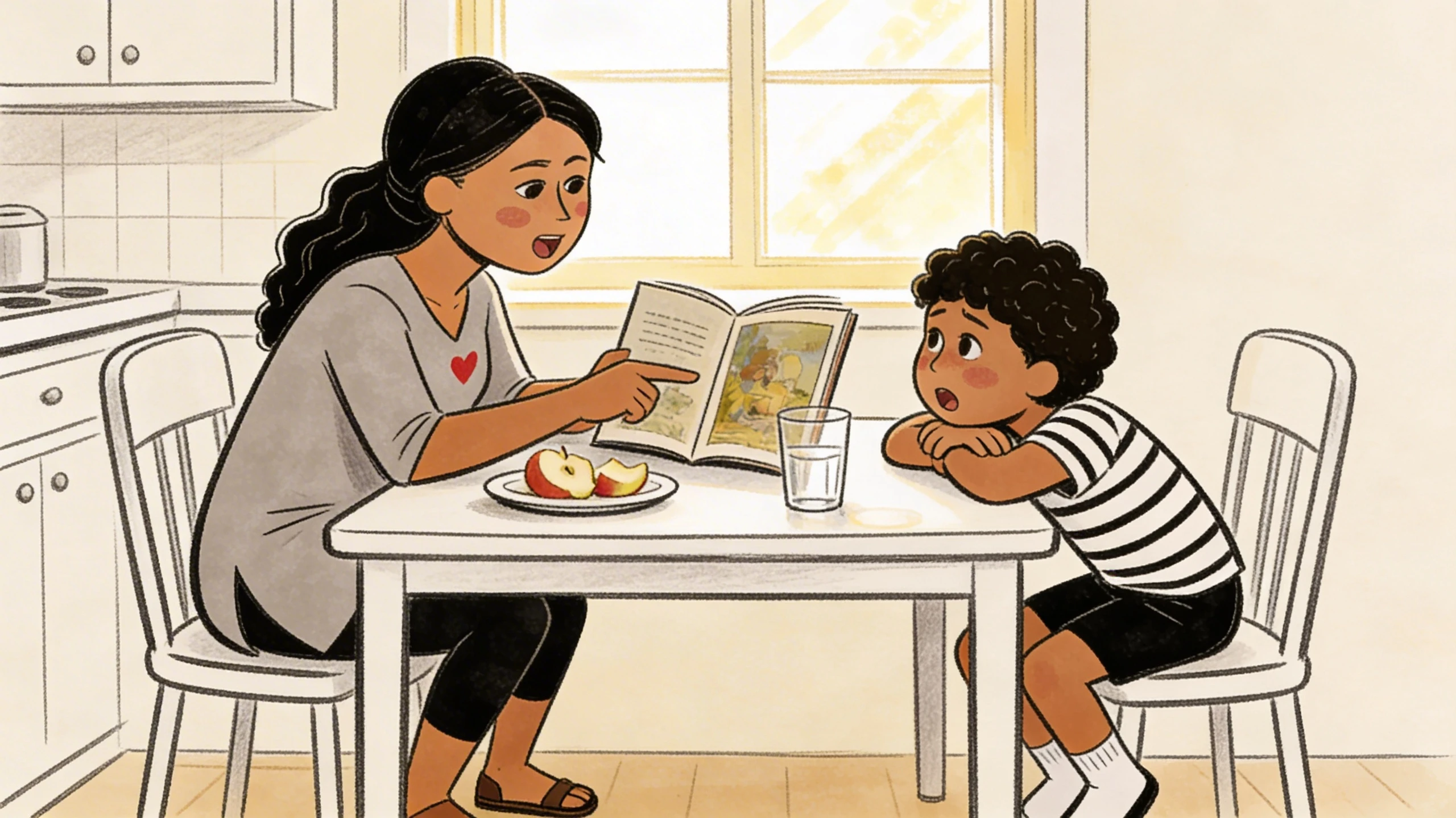 Parent talking with a young child at the kitchen table, open book and sliced apple between them