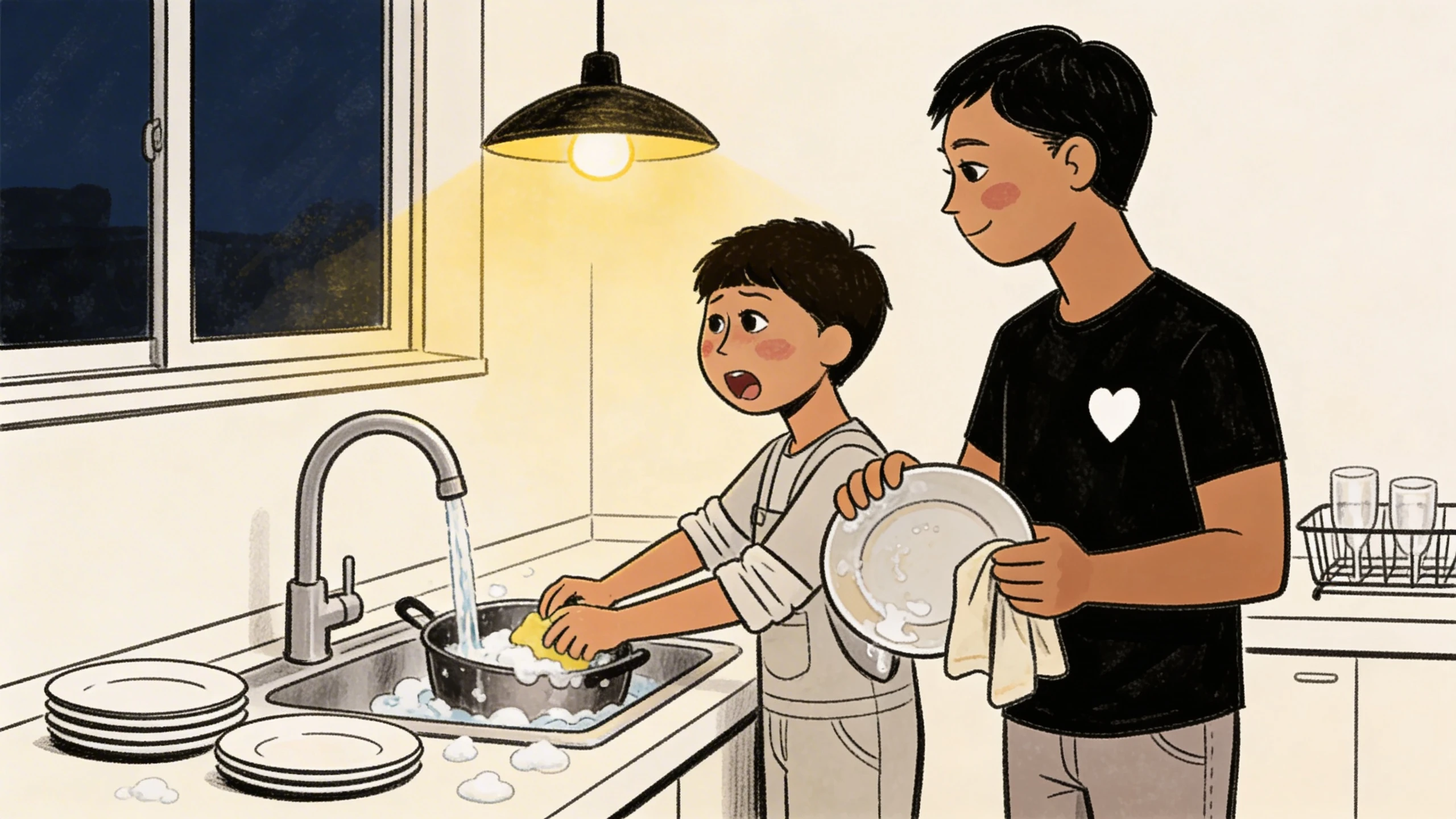 Older child and parent washing dishes side by side at the sink, parent resting a hand on child's shoulder