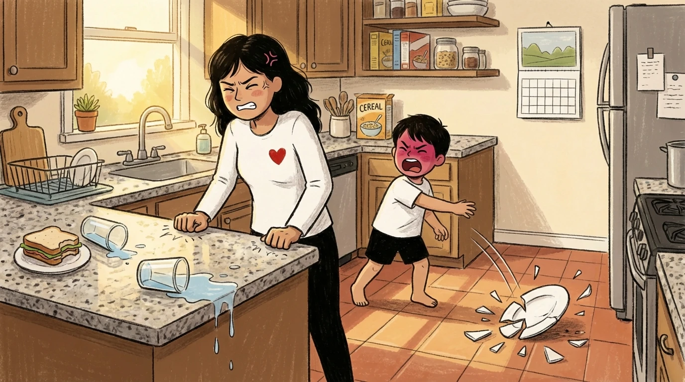 A mother tenses at the kitchen counter as her toddler cries over a broken dish, childhood triggers surfacing