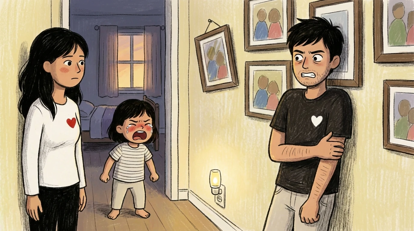 Two parents stand apart in a dim hallway while their young child cries between them with family photos above