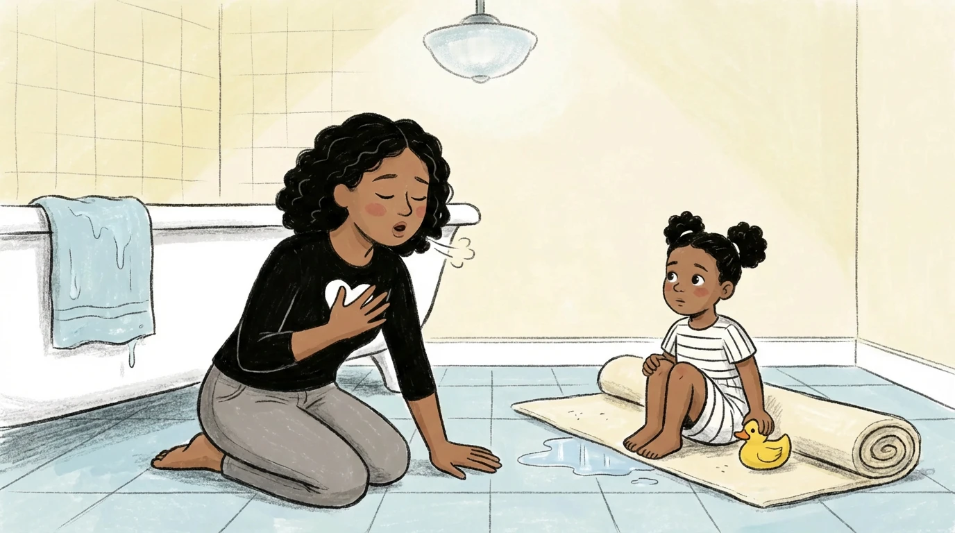A mother kneels on the bathroom floor taking a slow breath, hand on chest, as her young child watches quietly