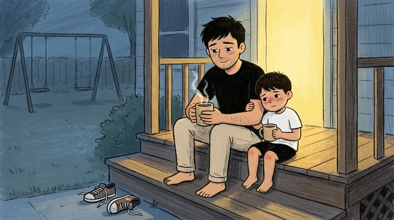 A father and son sit together on porch steps at dusk sharing warm drinks, a moment that can shape connection
