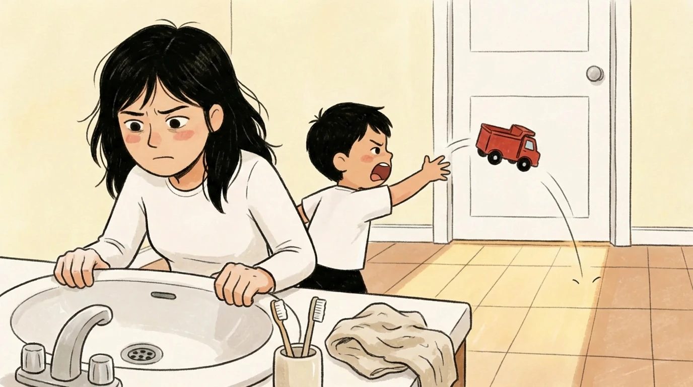 Parent grips bathroom sink