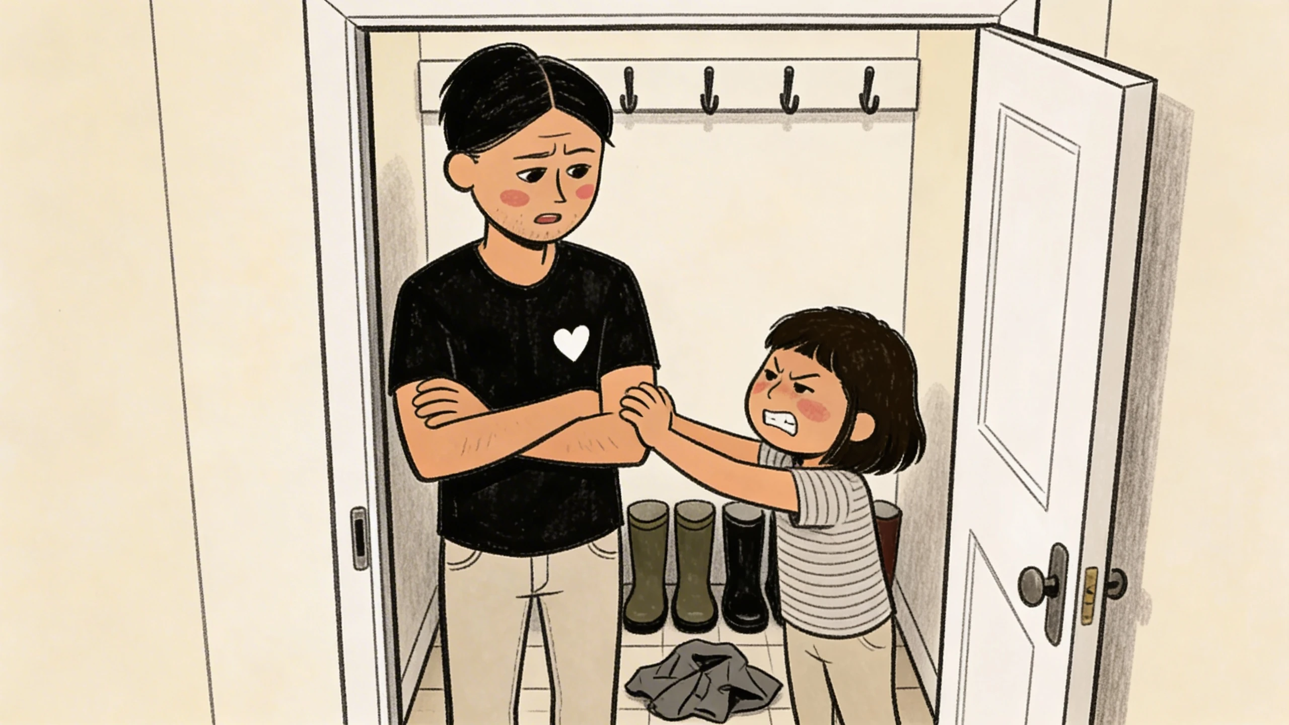 Parent with arms crossed in an entryway closet, carrying the baggage of a tense exchange with their child