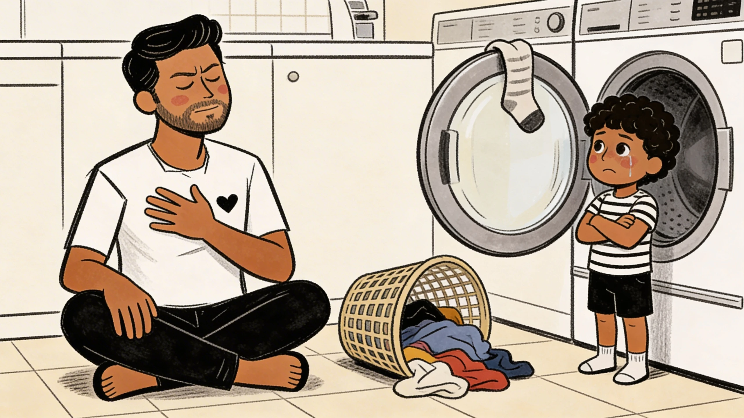 Father sits cross-legged on laundry room floor, hand on chest, pausing to stop carrying emotional tension