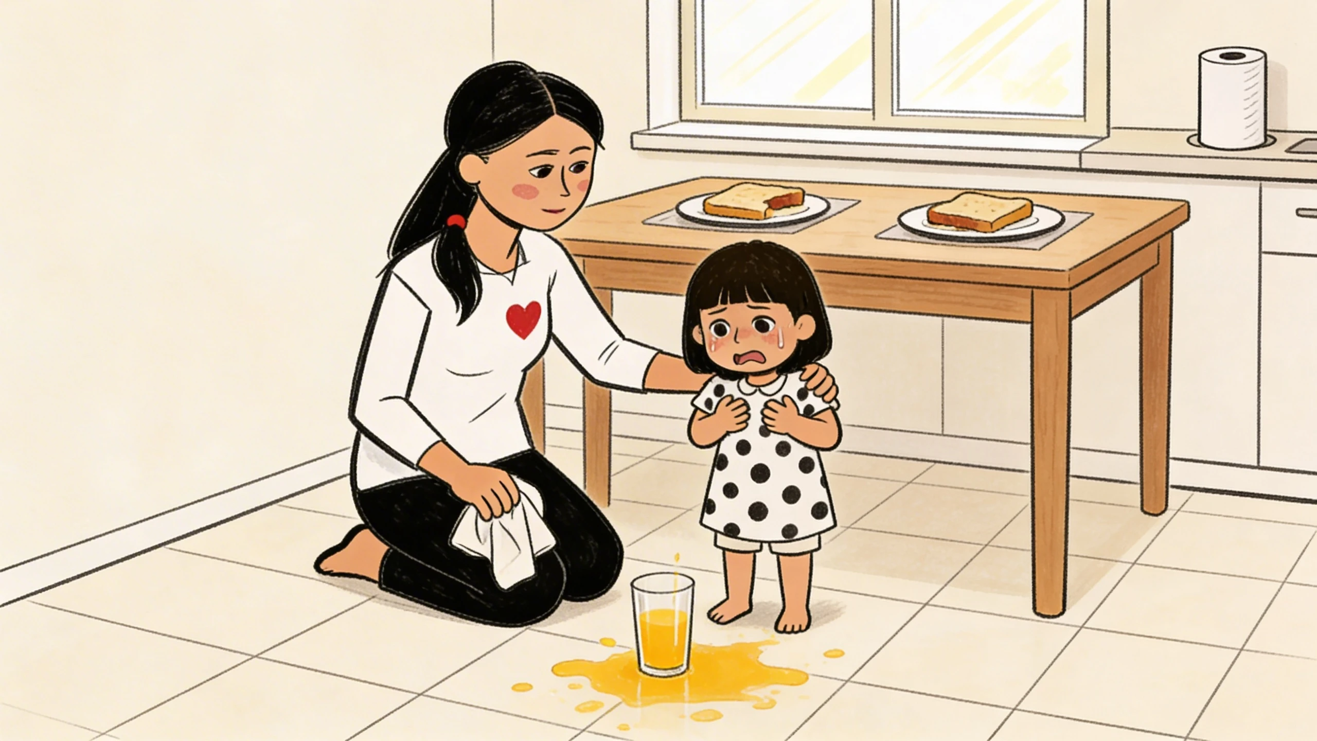 Mother kneels on the kitchen floor beside a toddler near a spilled juice glass, hand on child's back