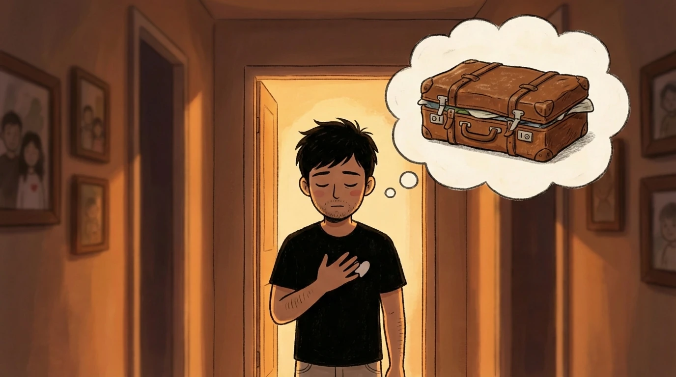 Parent standing in hallway with hand on chest, eyes closed, thinking of old baggage near family photos.