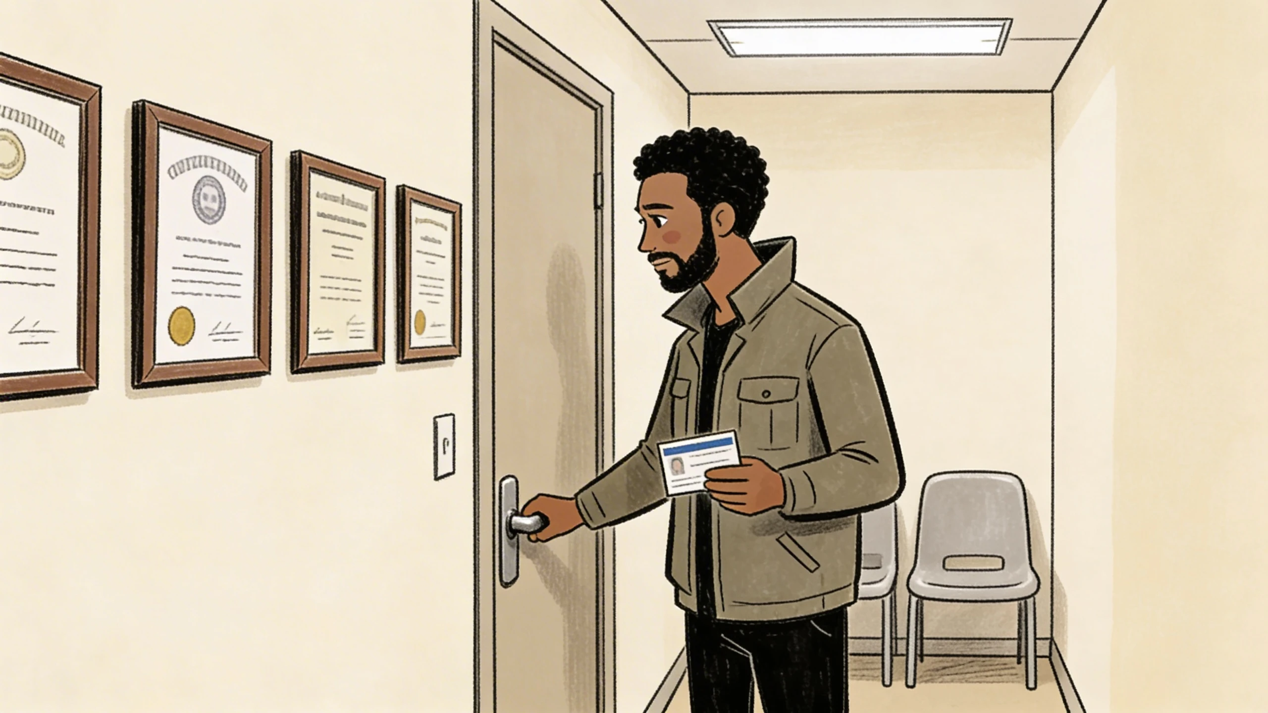 Parent opening therapist office door holding insurance card with framed licenses on hallway wall