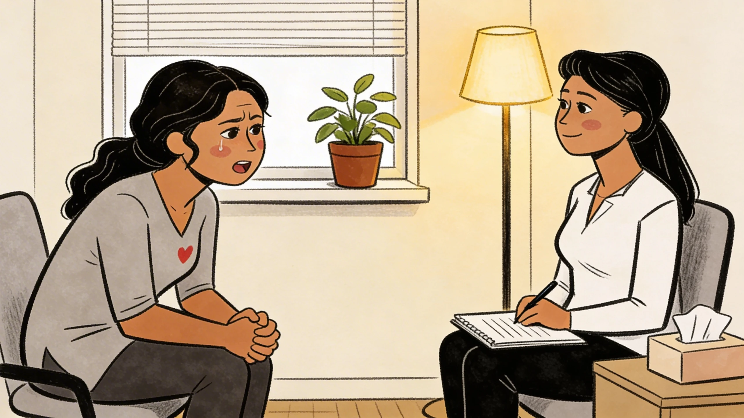 Parent sitting across from licensed therapist in therapy office during parenting counseling session