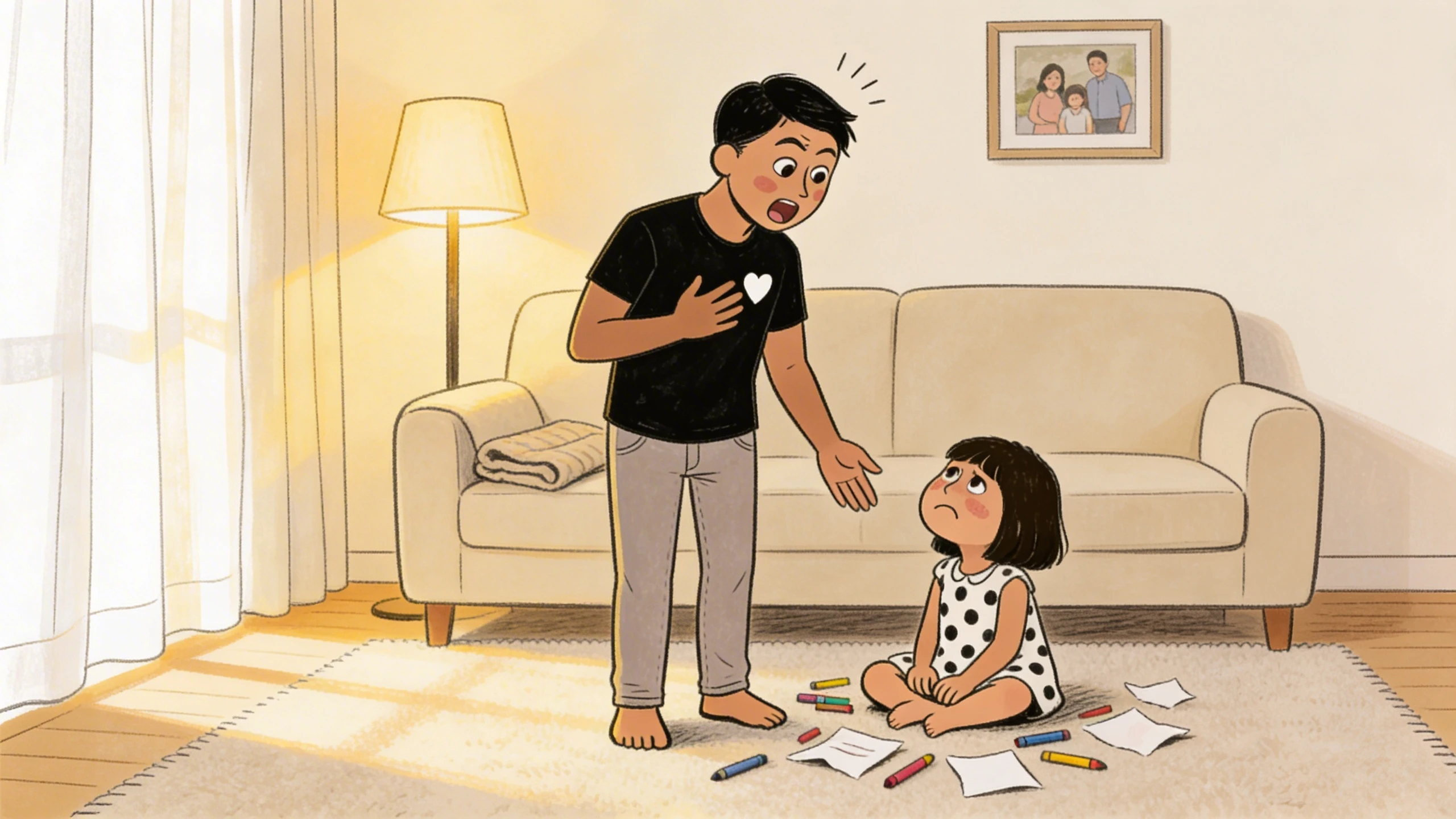 Father standing over toddler child on living room floor surrounded by scattered crayons and paper