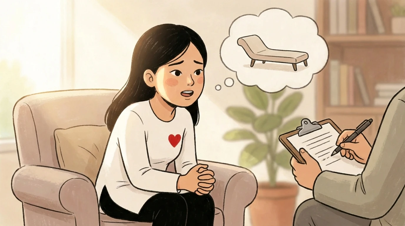 Parent sitting in an armchair talking to a therapist who takes notes on a clipboard during a session.