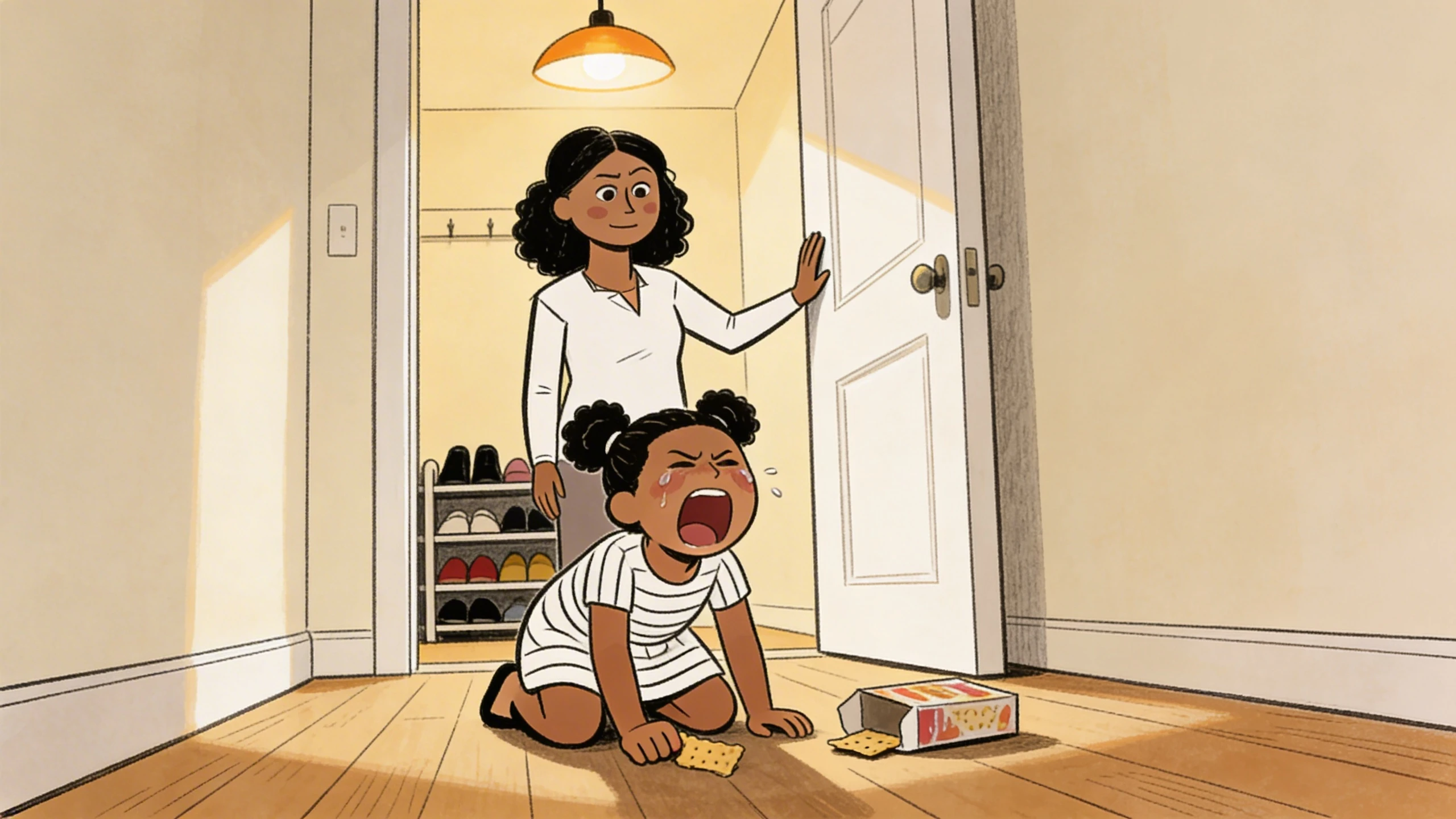 A mother pauses in a doorway as her toddler cries on the floor, a critical moment in parent-child connection