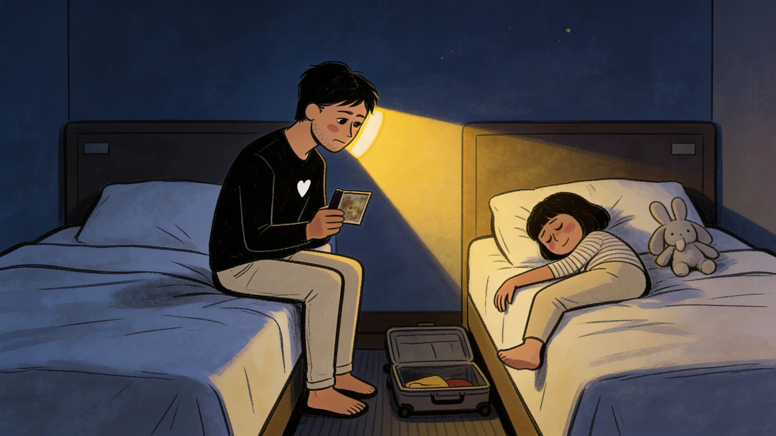 An adult sits on a bed at night holding an old photograph, reflecting on childhood wounds, while a child sleeps nearby