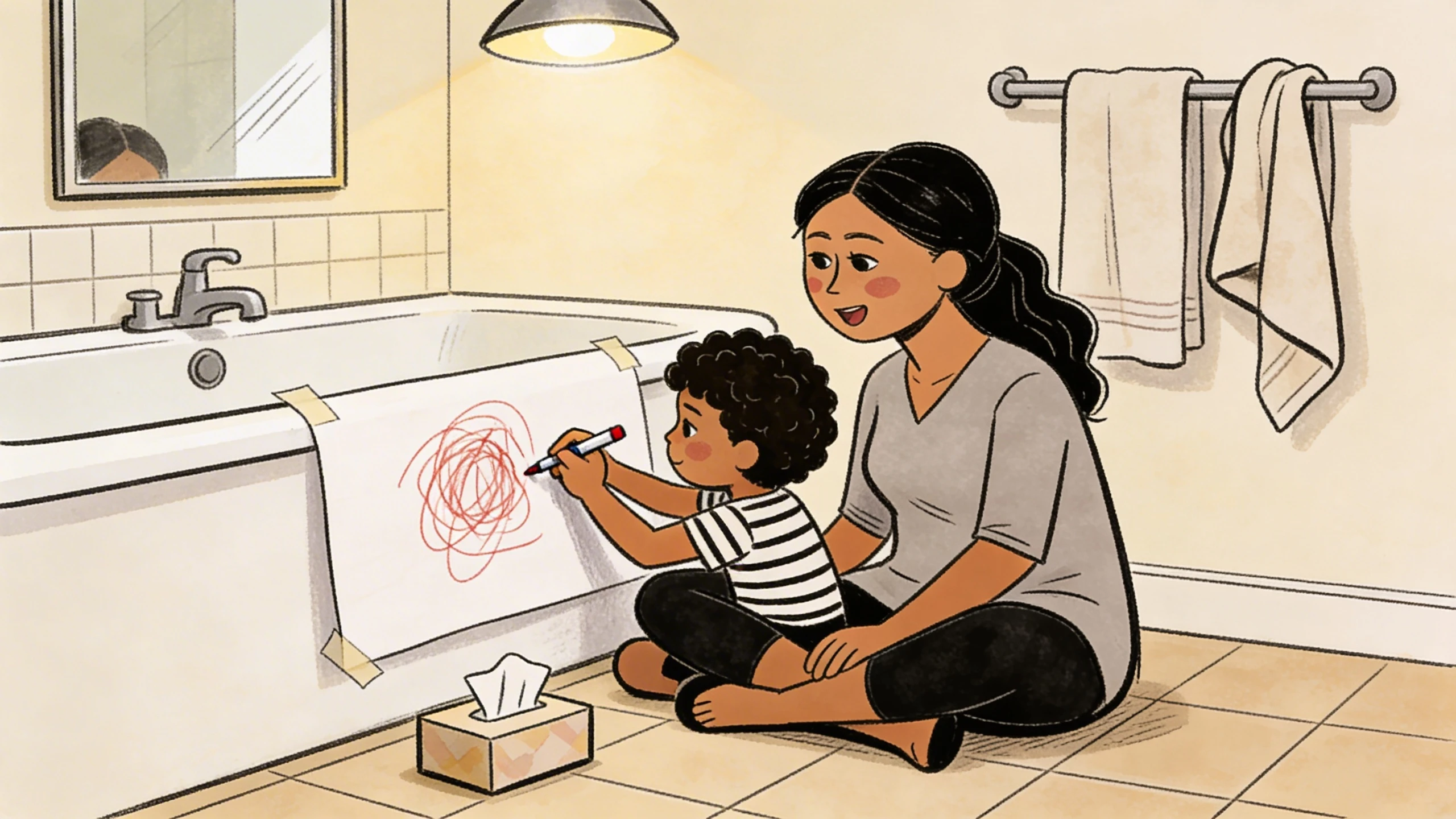 A mother sits on the bathroom floor beside her toddler drawing red scribbles on paper taped to the bathtub