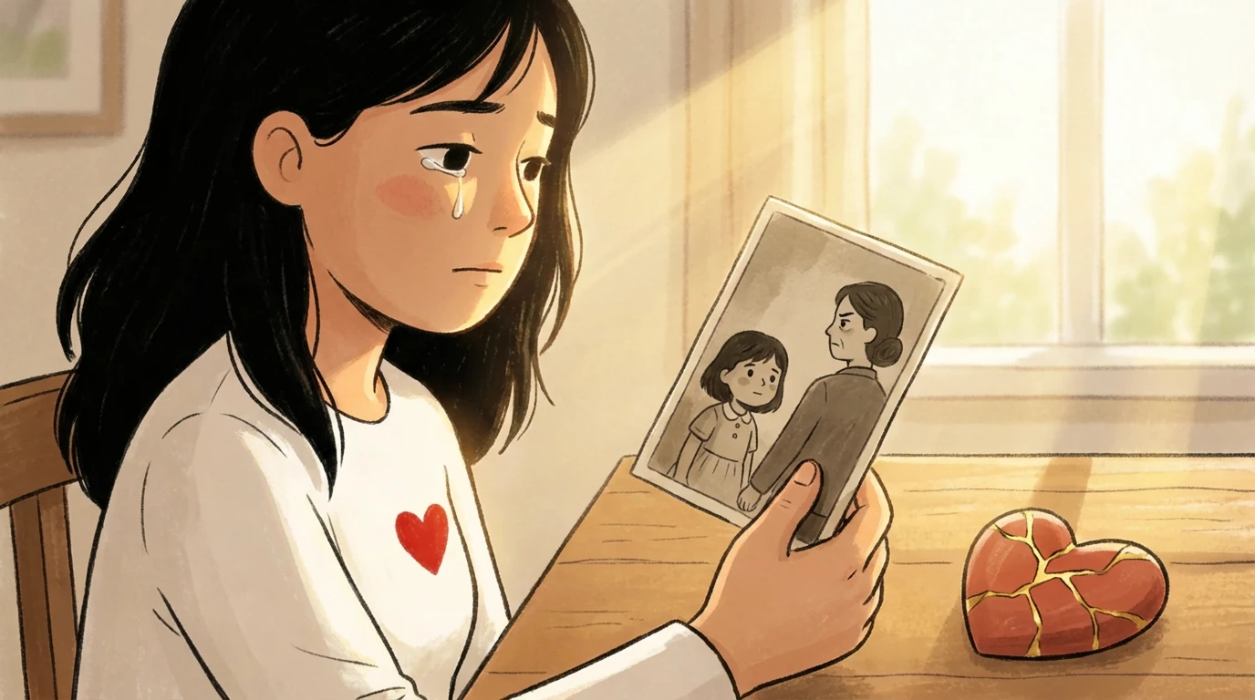 A parent with a tear holds a childhood photo of herself with her mother beside a kintsugi-mended heart on a table.