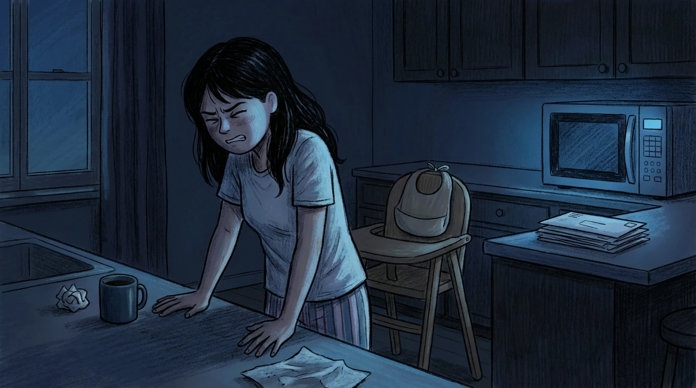 Woman alone in a dim kitchen at night leaning on a table silenced by her inner critic
